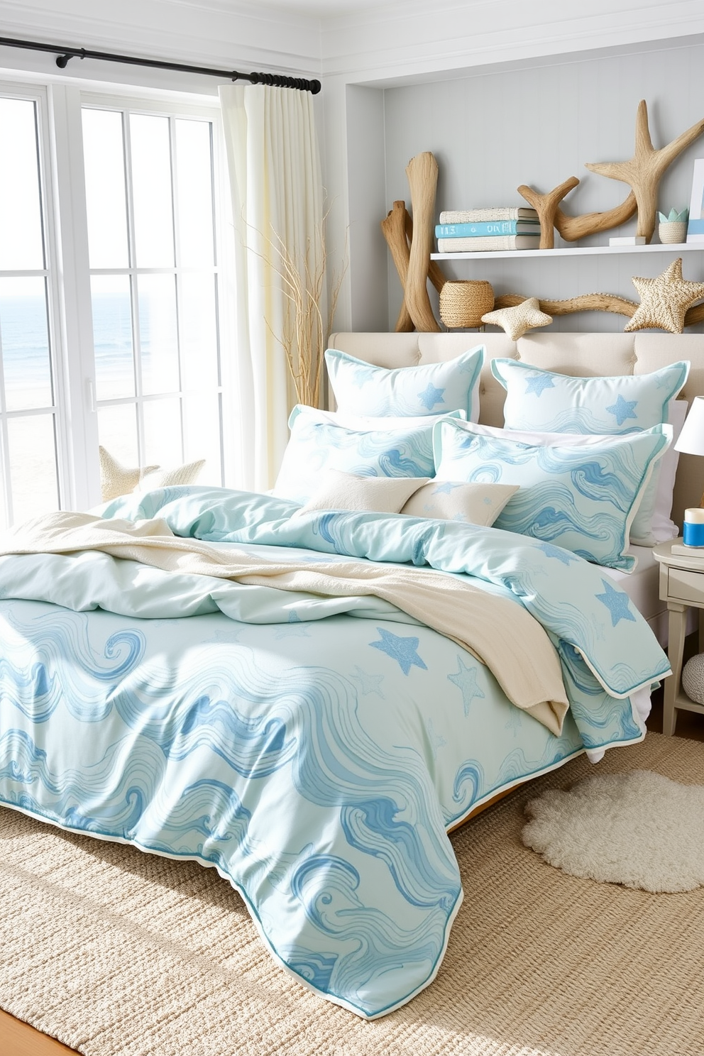 Aquatic themed bedding features soft blue and green hues with wave patterns and marine motifs. The bedding is complemented by plush pillows and a lightweight throw blanket, creating a tranquil atmosphere for serene sleep. The beach apartment design incorporates light, airy colors and natural textures to evoke a coastal vibe. Large windows allow for ample natural light, while the decor includes driftwood accents and nautical elements to enhance the seaside feel.