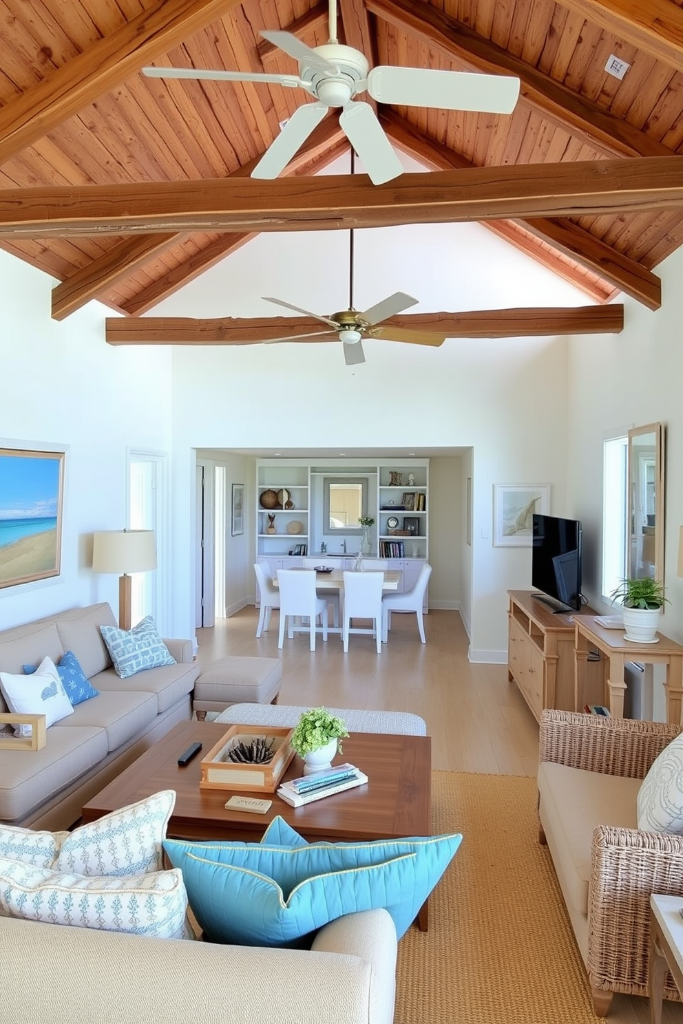 A cozy beach apartment featuring rustic wooden beams that enhance the coastal charm. The open living area showcases a light color palette with soft blues and sandy beiges, complemented by comfortable furniture and ocean-inspired decor.