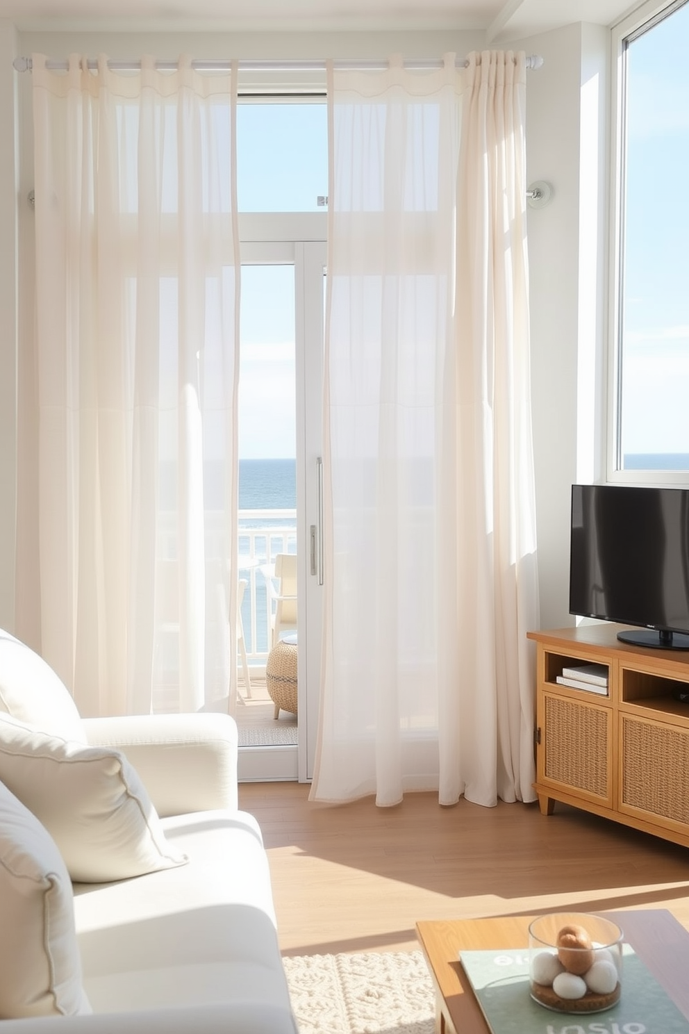 A bright and airy beach apartment featuring lightweight linen curtains that gently sway with the ocean breeze. The open living space is adorned with soft pastel colors and natural textures, creating a serene coastal ambiance.