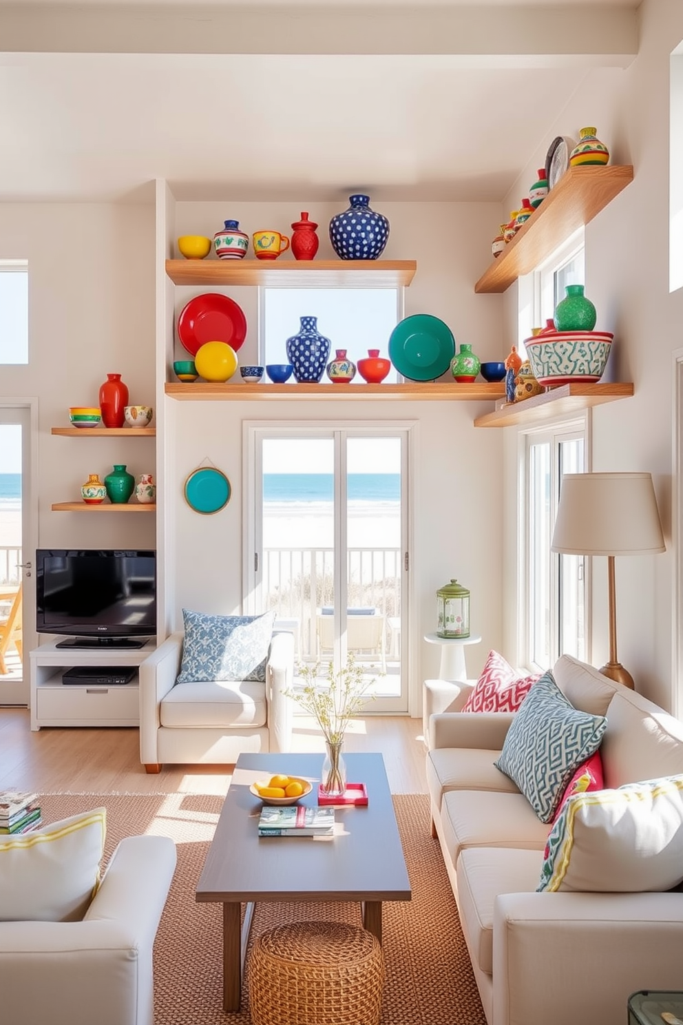 A cozy beach apartment with soft lighting creating a warm ambiance. The living area features a light-colored sofa adorned with pastel throw pillows and a woven coffee table, while sheer curtains gently filter the sunlight. In the kitchen, there are open shelves displaying beach-themed decor and a large island with bar stools for casual dining. The walls are painted in a soft sand color, and natural wood accents complement the coastal vibe.