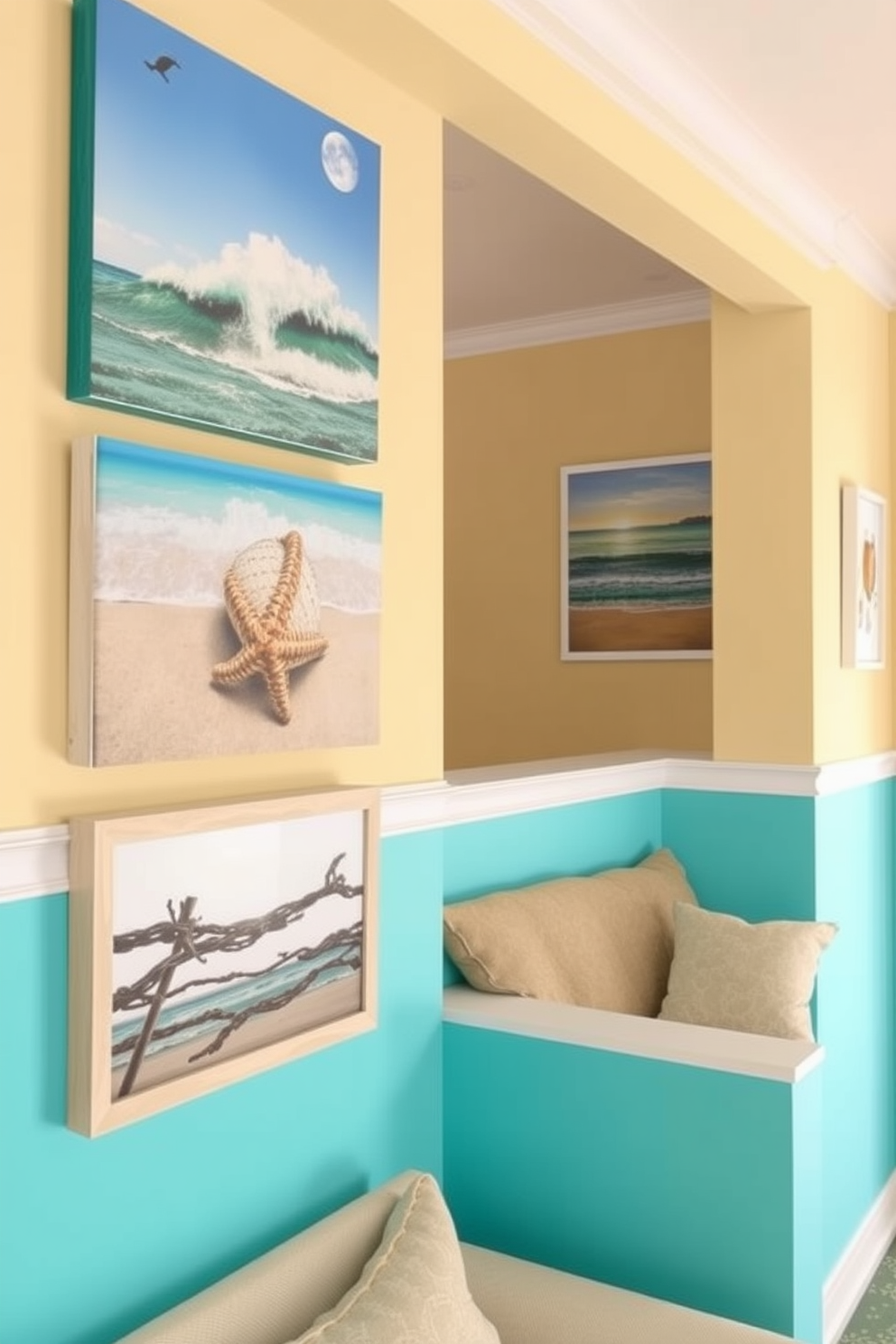 A beach apartment featuring vibrant walls adorned with ocean-inspired artwork. The decor includes shades of turquoise and sandy beige, creating a serene coastal atmosphere.