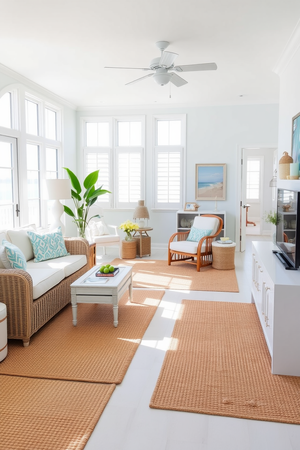 A bright and airy beach apartment featuring seagrass rugs that add natural texture to the living space. The open-plan layout includes large windows that allow sunlight to flood in, highlighting the soft blue and white color palette throughout. The living area is adorned with comfortable wicker furniture and ocean-inspired decor. In the corner, a cozy reading nook is created with a plush armchair and a small side table, inviting relaxation.