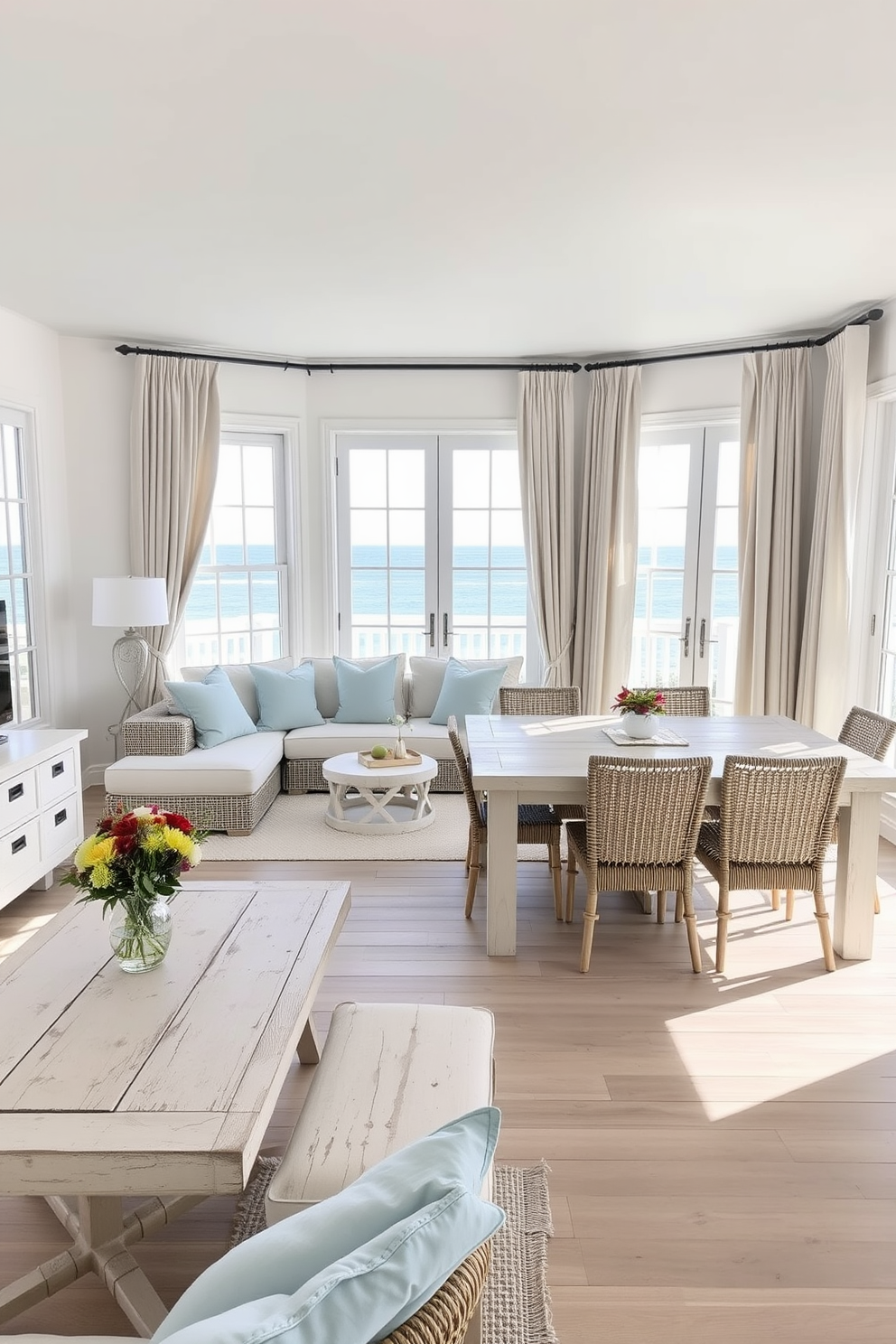 A bright and airy beach apartment featuring whitewashed furniture that enhances the fresh coastal vibe. The living area includes a comfortable sectional sofa adorned with light blue cushions and a reclaimed wood coffee table, surrounded by large windows that let in natural light. The dining space showcases a rustic whitewashed table paired with woven chairs, creating a relaxed yet stylish atmosphere. Soft beige curtains gently frame the windows, providing a touch of warmth to the overall design.