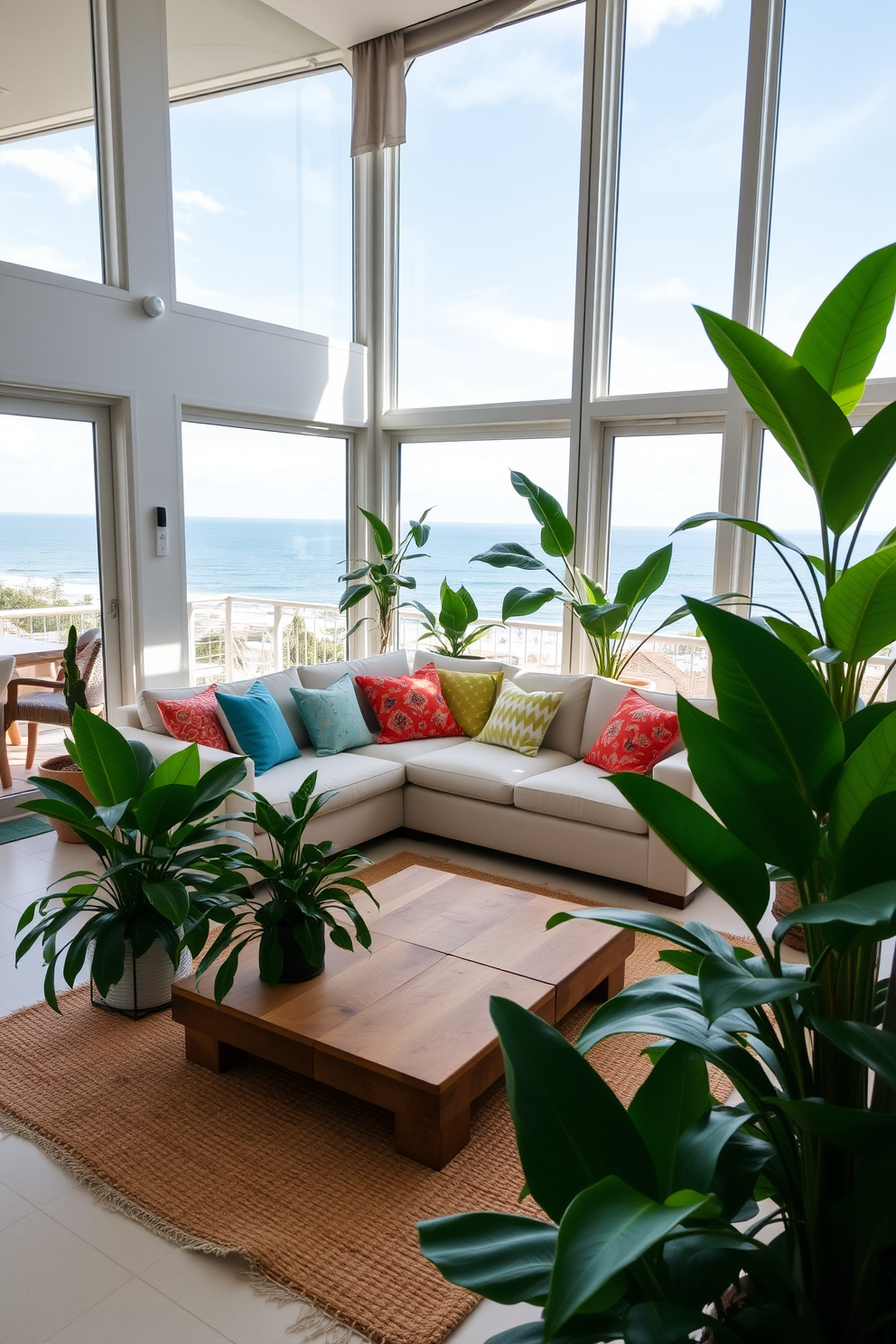 A bright and airy beach apartment filled with natural light. Large windows offer a stunning ocean view, while indoor plants are strategically placed throughout the space to enhance the tropical vibe. The living area features a comfortable sectional sofa adorned with colorful throw pillows. A coffee table made of reclaimed wood sits on a woven jute rug, surrounded by lush potted plants that bring life to the room.