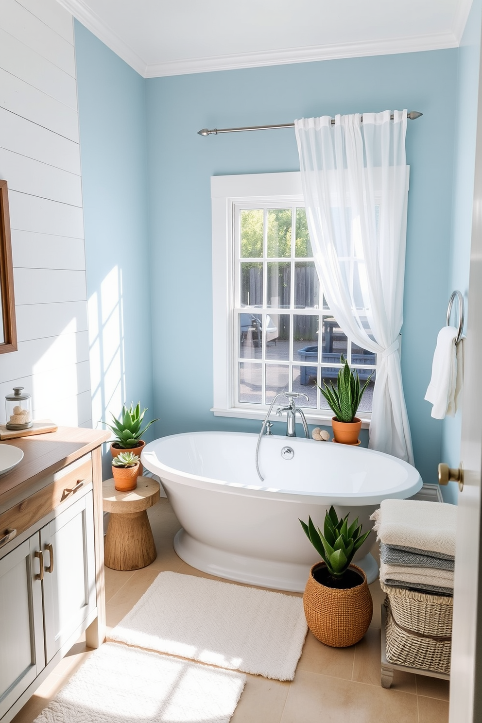 A serene beach bathroom design featuring coastal colors such as soft blues and sandy neutrals. The walls are painted in a light aqua hue, complemented by a sandy beige tile floor and natural wood accents. A freestanding soaking tub sits in the center, surrounded by potted plants and decorative shells. Large windows allow natural light to flood the space, enhancing the tranquil atmosphere.