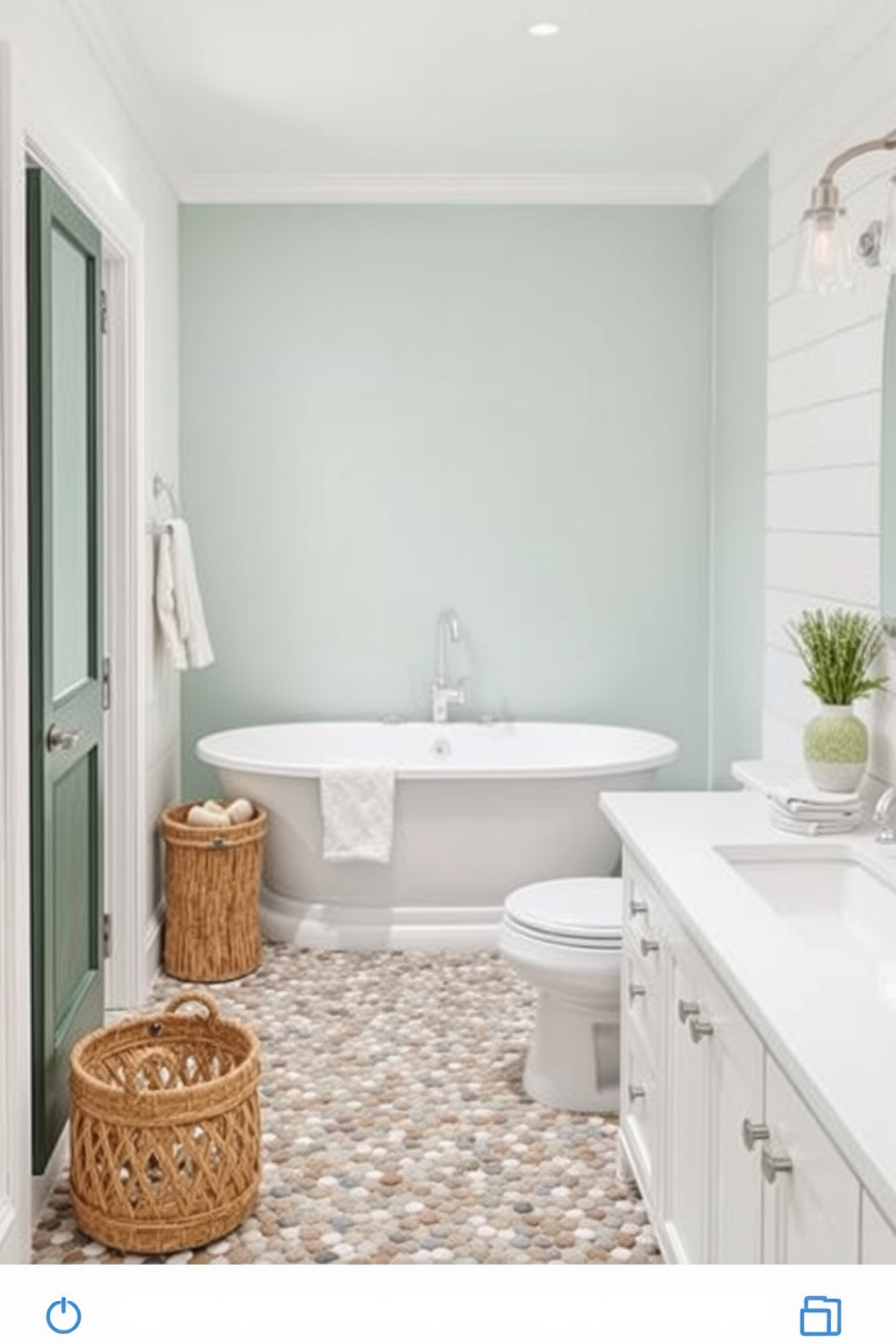 A serene beach bathroom featuring hammock-style towel racks that evoke a sense of relaxation. The walls are painted in a soft ocean blue, and natural wood accents complement the airy atmosphere.