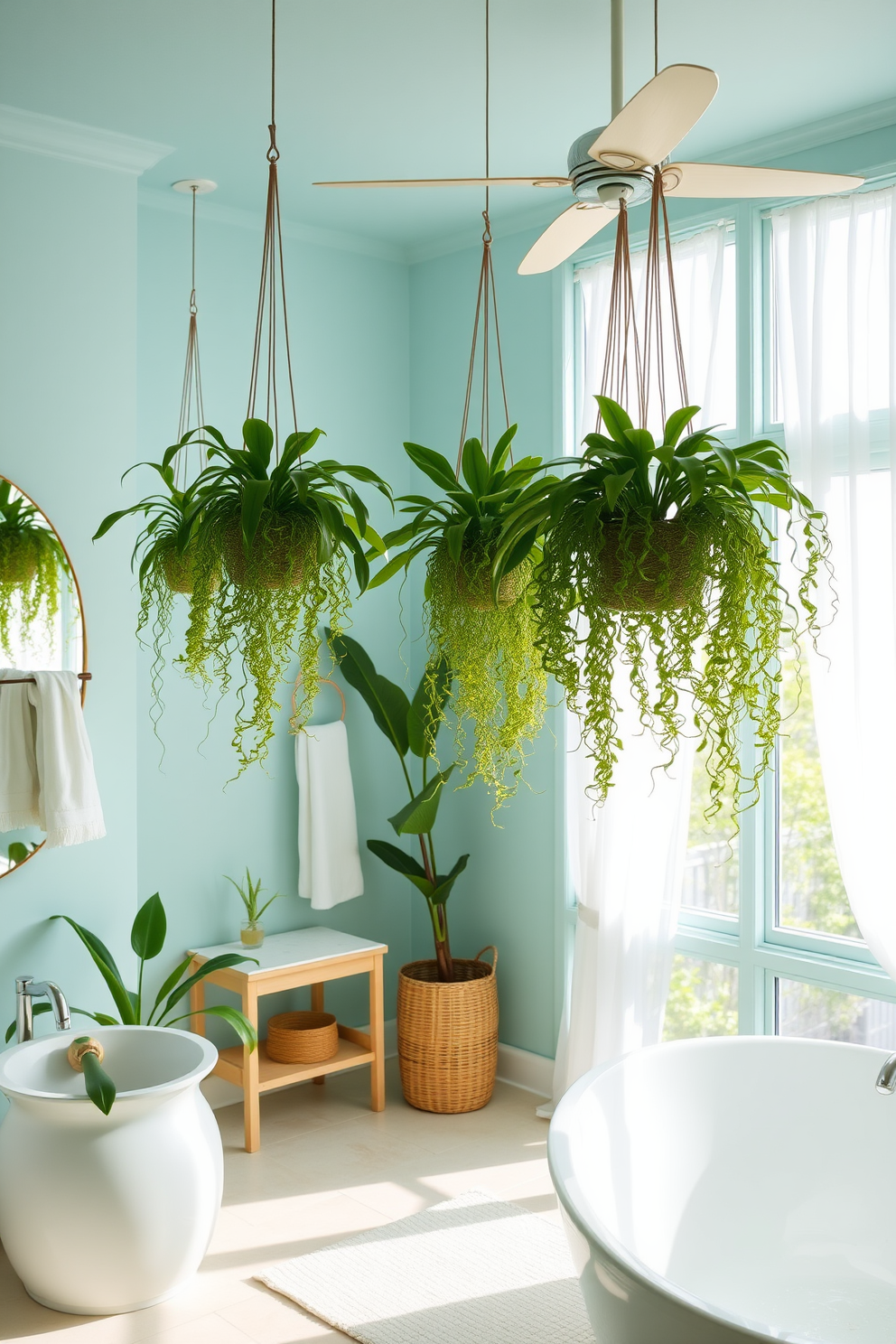 A serene beach-themed bathroom featuring shower curtains adorned with vibrant ocean prints. The walls are painted in soft sandy beige, complemented by sea glass accents throughout the space.