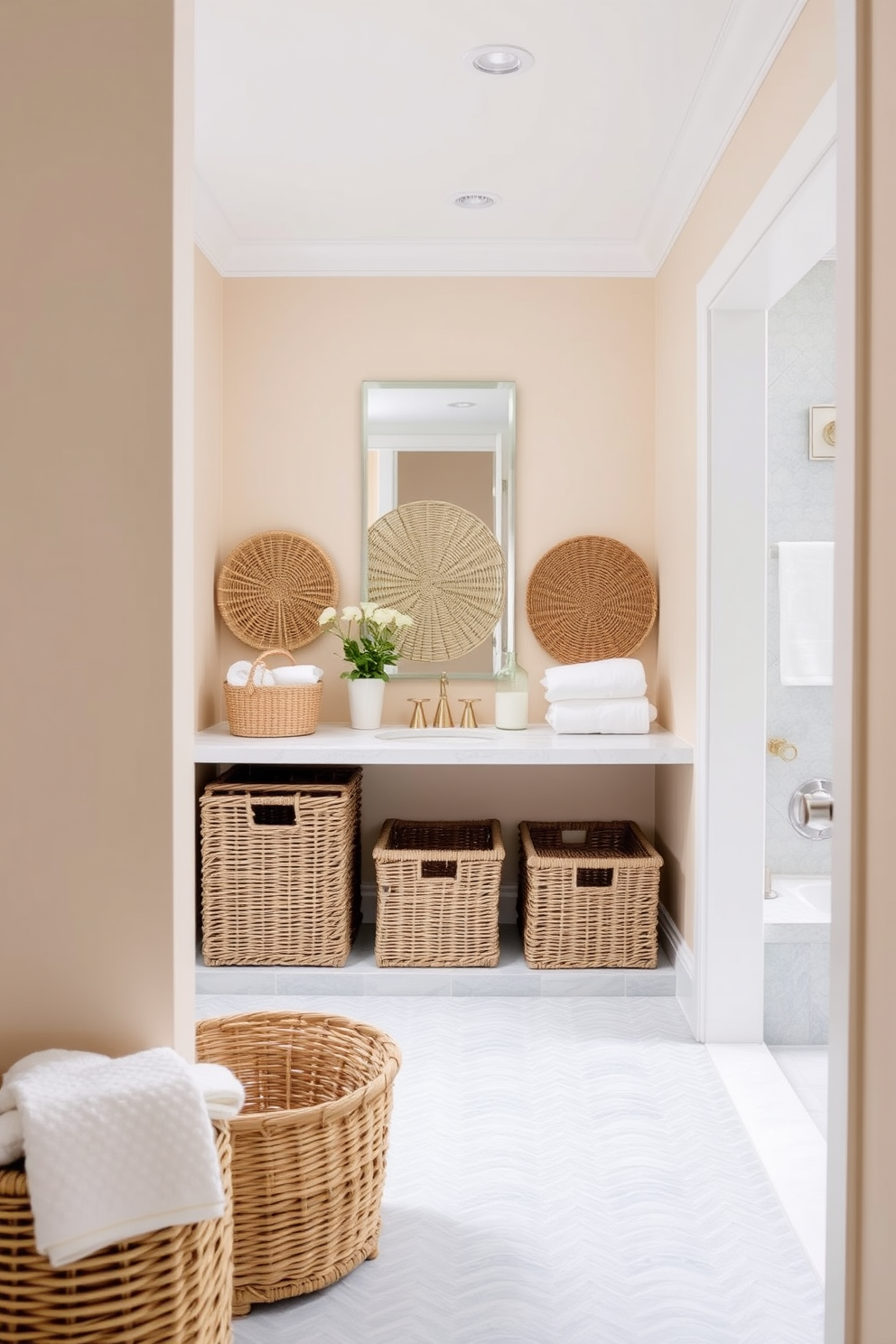 A beach bathroom design featuring rattan baskets for storage solutions. The walls are painted in a soft sandy beige, and the floor is adorned with light blue tiles that resemble ocean waves.