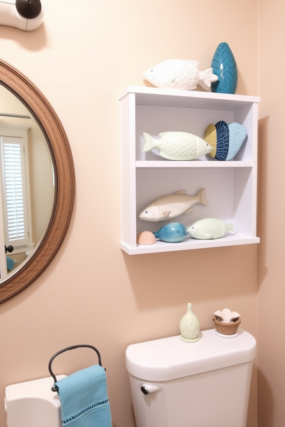 A beach-inspired bathroom featuring ceramic fish decor artfully arranged on open shelves. The walls are painted in soft sandy tones, and the decor includes seashells and coastal-themed accents to enhance the seaside ambiance.