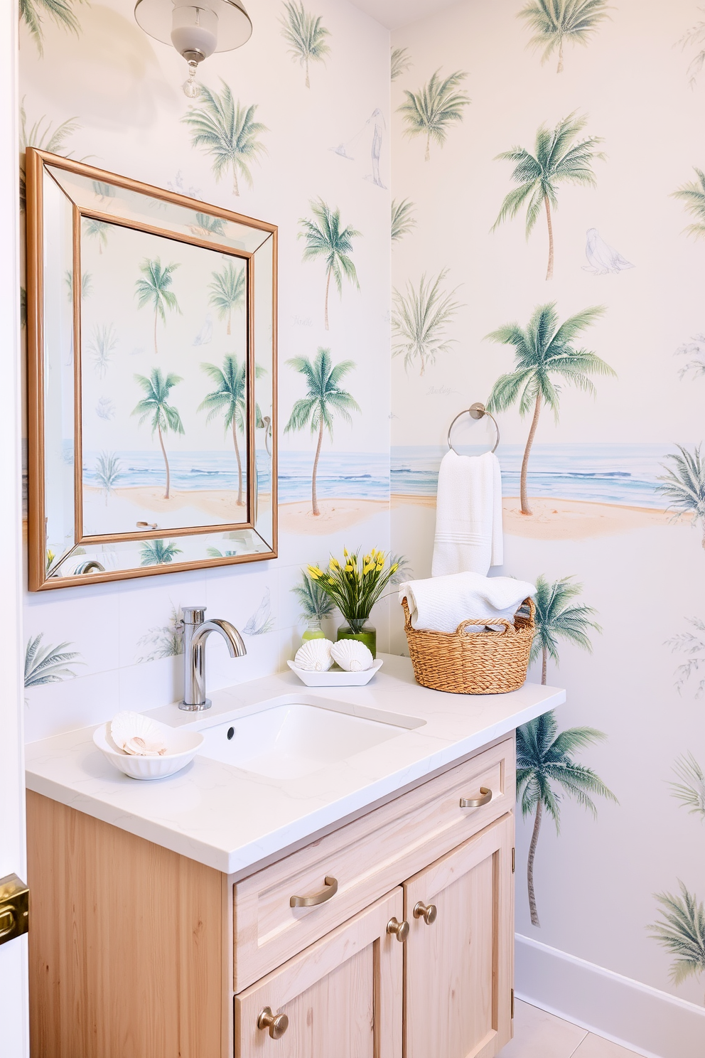 A relaxing beach-themed bathroom with wallpaper featuring soft pastel colors and tropical motifs. The walls are adorned with images of palm trees and sandy shores, creating a serene coastal atmosphere. The vanity is made of light driftwood, topped with a white quartz countertop that complements the beachy aesthetic. Nautical-inspired accessories, such as seashell soap dishes and a woven basket for towels, enhance the theme.