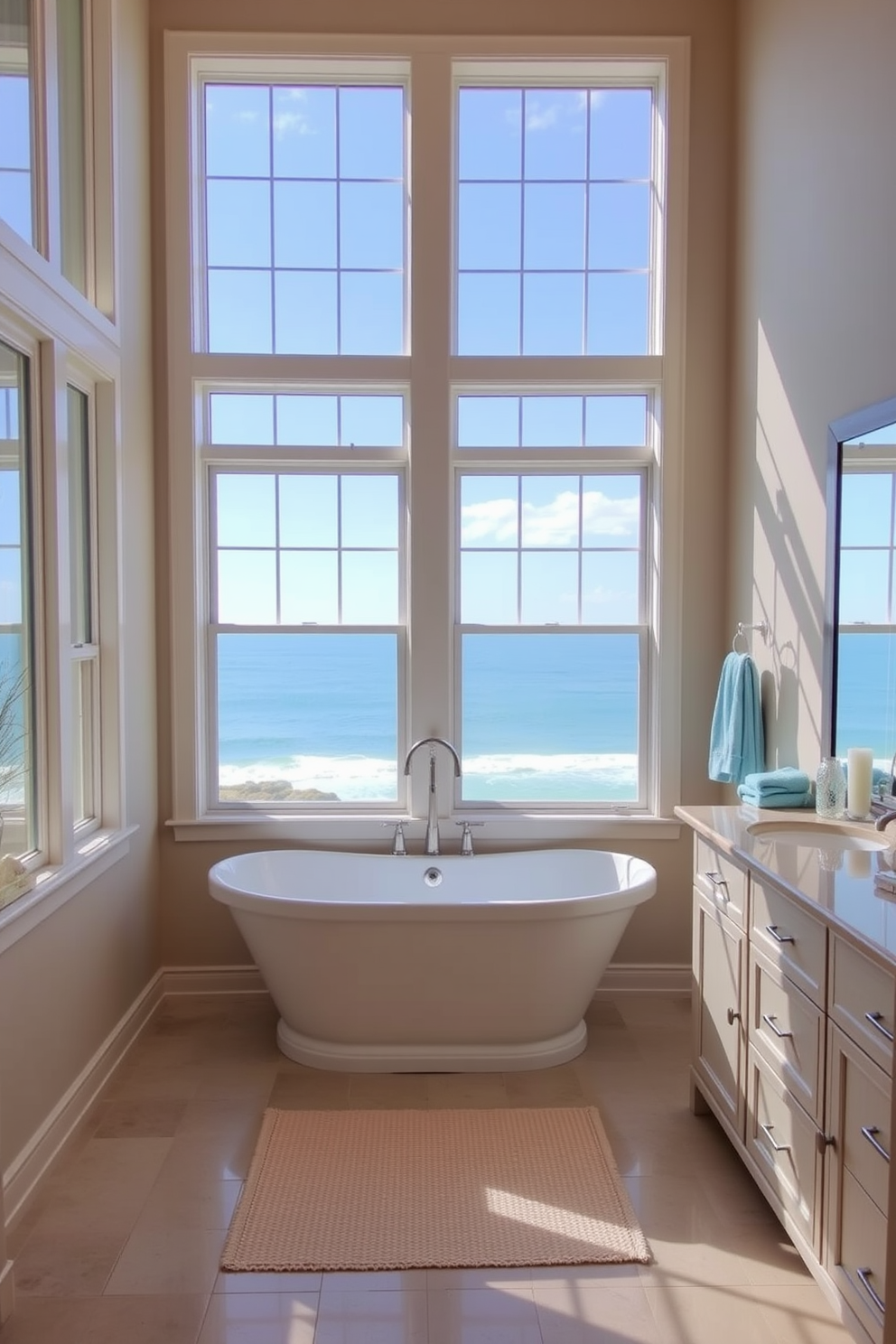 A serene beach bathroom with large windows allowing natural light to flood the space. The walls are painted in soft sandy tones, and a freestanding soaking tub sits elegantly in front of the windows, offering a view of the ocean. Light wooden cabinetry complements the coastal theme, while a large mirror reflects the bright surroundings. Accessories include seashell decor and soft blue towels, enhancing the tranquil beach atmosphere.