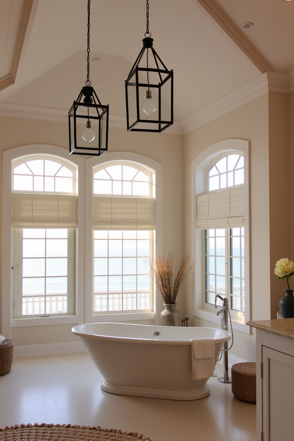 Soft lighting fills the room, creating a warm and inviting atmosphere. Lantern-style fixtures hang gracefully from the ceiling, casting a gentle glow throughout the space. The bathroom features a stunning freestanding tub positioned near a large window with ocean views. Coastal-inspired decor elements, such as seashell accents and soft blue hues, enhance the beachy vibe.