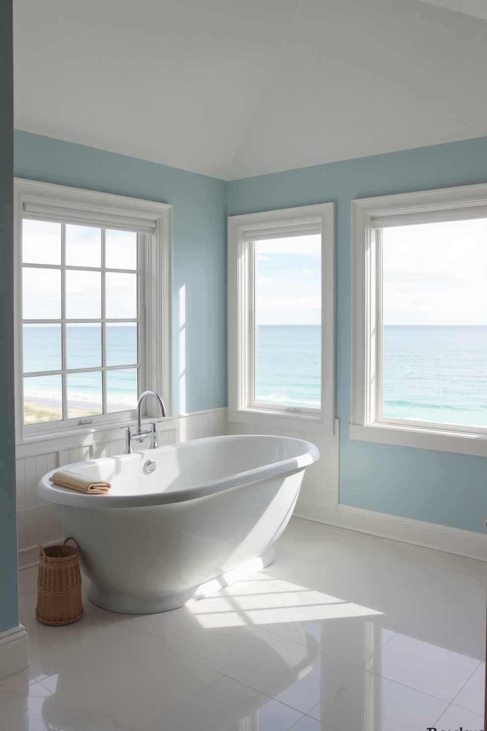 A serene beach bathroom featuring a freestanding tub positioned by a large window that offers a stunning ocean view. The walls are adorned with soft blue tones, and natural light floods the space, enhancing the tranquil atmosphere.