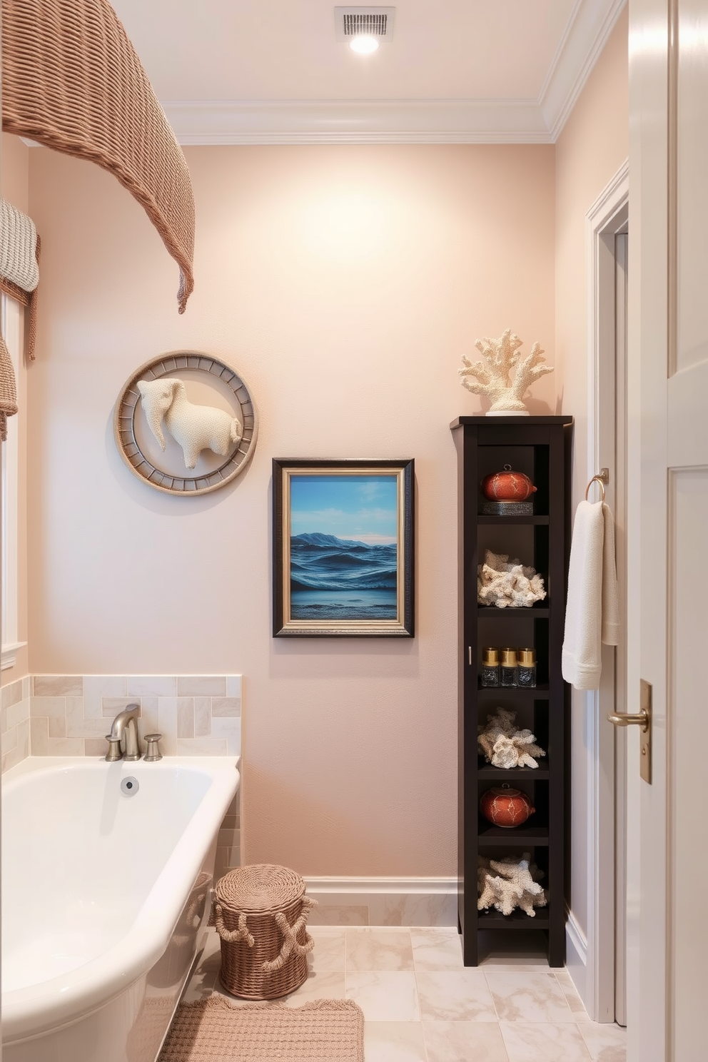 A bright beach bathroom filled with natural light. There are potted plants in ceramic pots placed on the windowsill and around the bathtub, adding a fresh touch to the space. The walls are painted in soft sandy beige, complementing the light blue accents in the decor. A large mirror above the sink reflects the greenery, enhancing the coastal vibe of the bathroom.