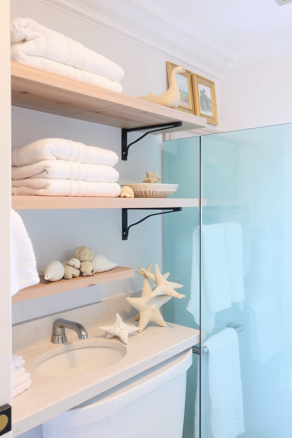 Open shelving creates a relaxed and inviting atmosphere in a beach bathroom. The shelves are adorned with soft towels, seashells, and decorative coastal accents, enhancing the serene vibe of the space.