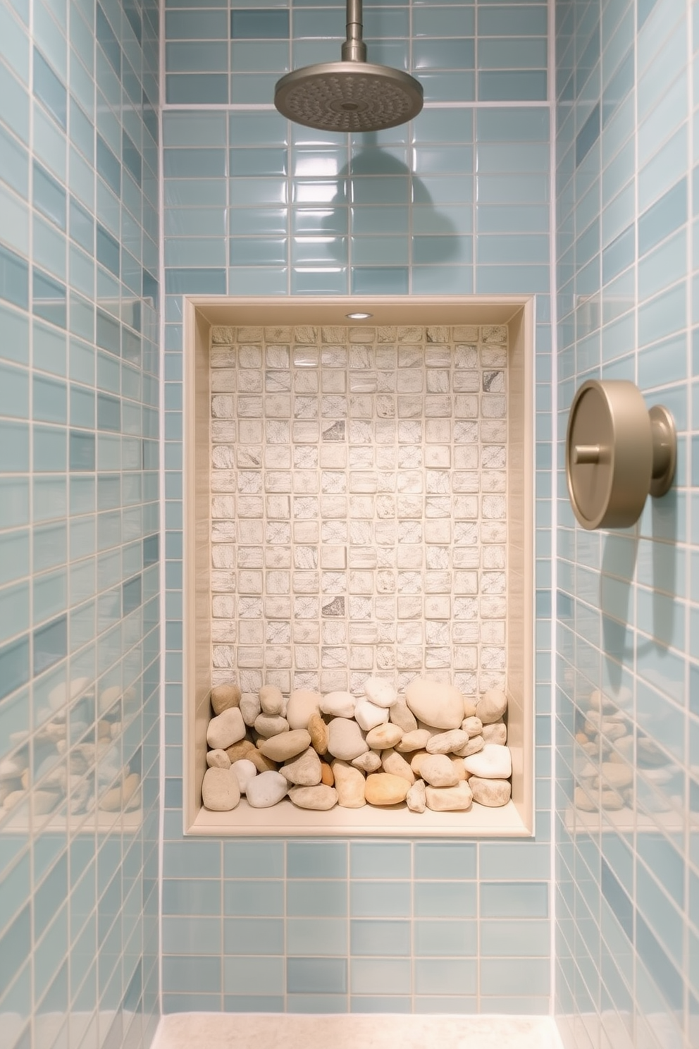 A serene beach bathroom design featuring a shower niche filled with smooth beach stones. The walls are adorned with soft blue tiles, evoking the calming essence of the ocean.