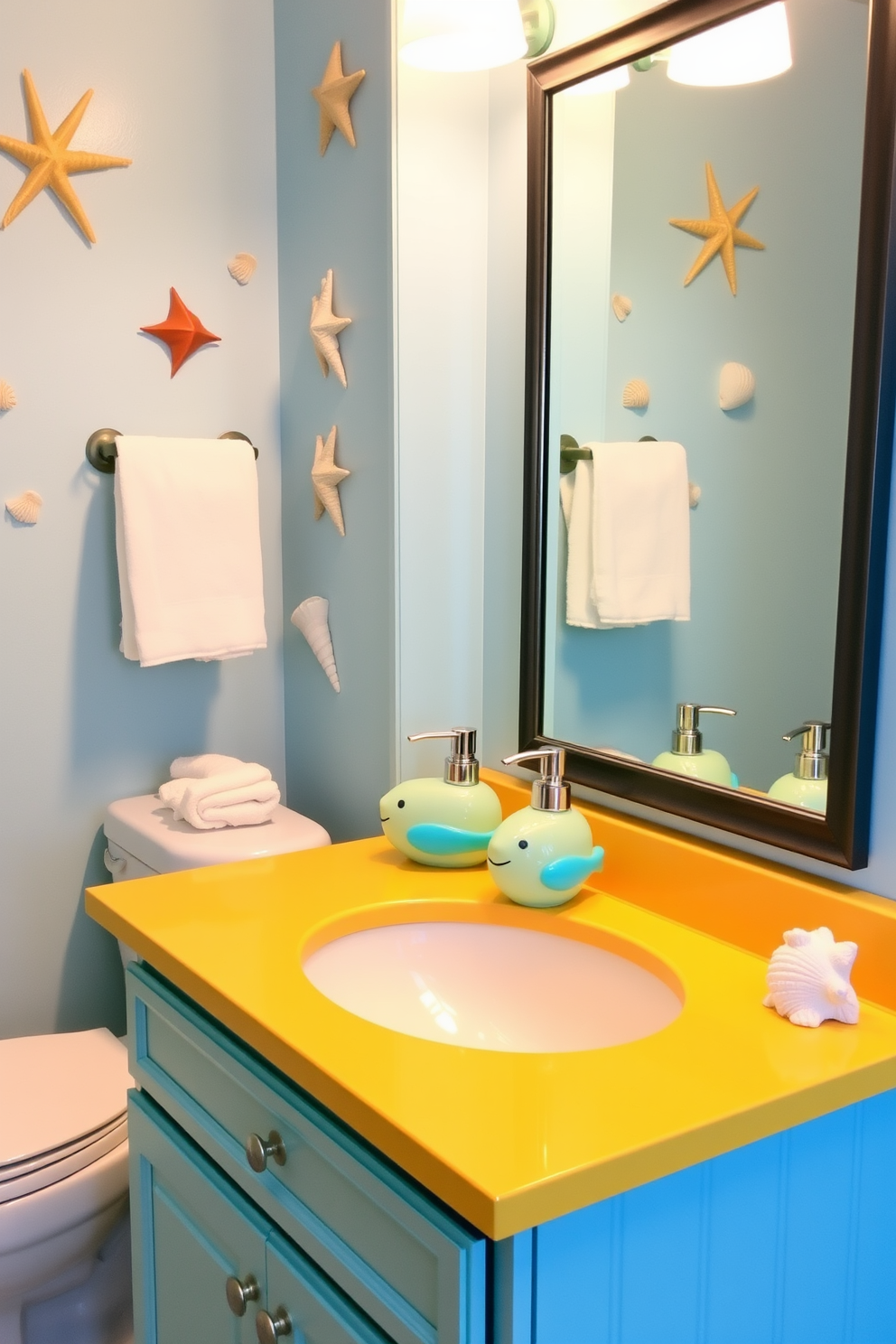 A playful beach bathroom setting featuring whimsical fish-shaped soap dispensers on a bright and colorful countertop. The walls are painted in a soft ocean blue, and seashell decorations are scattered throughout the space, creating a relaxed coastal vibe.