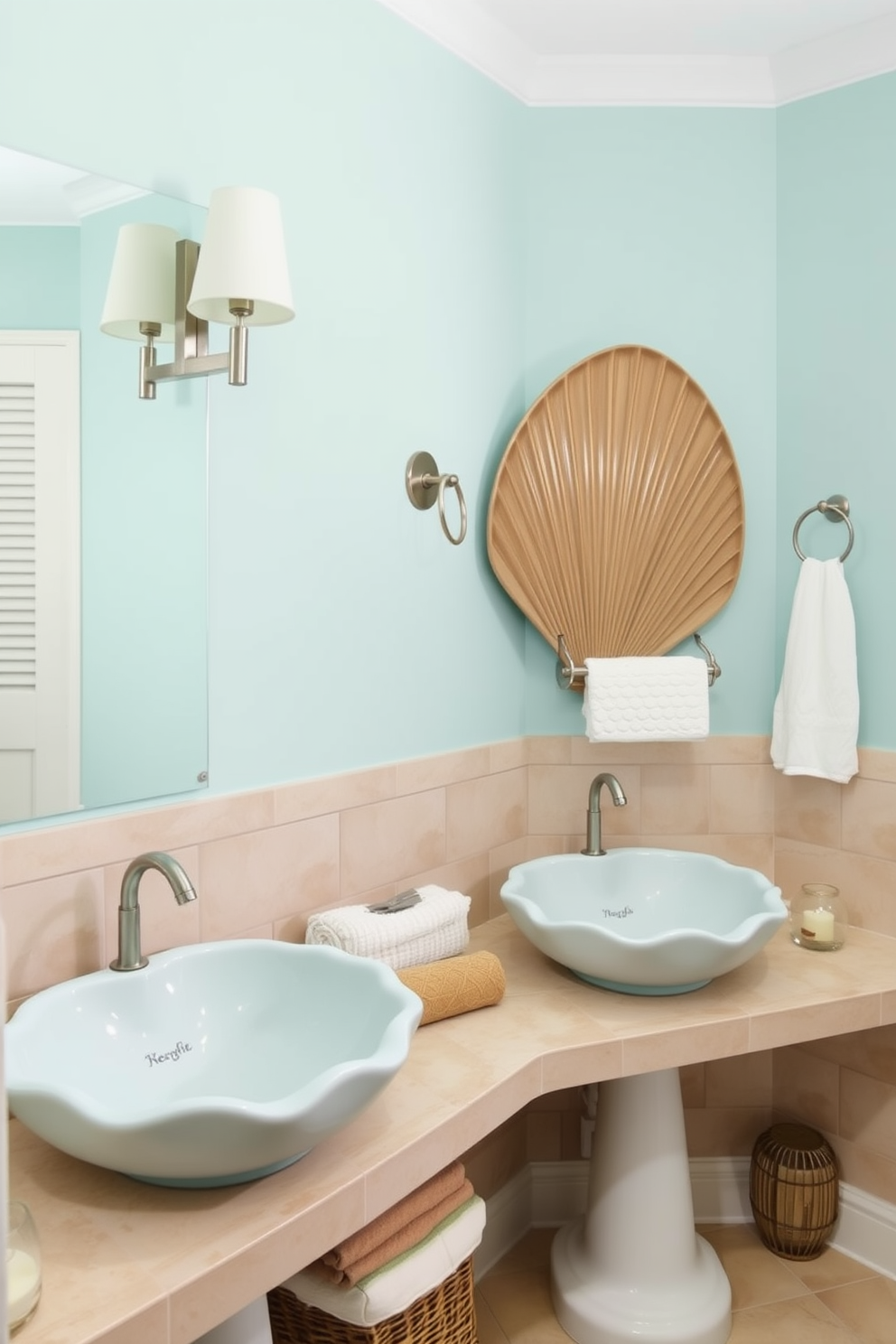 A beach bathroom design featuring shell-shaped sinks that add a unique flair to the space. The walls are painted in soft aqua tones, complemented by sandy beige accents throughout the room.