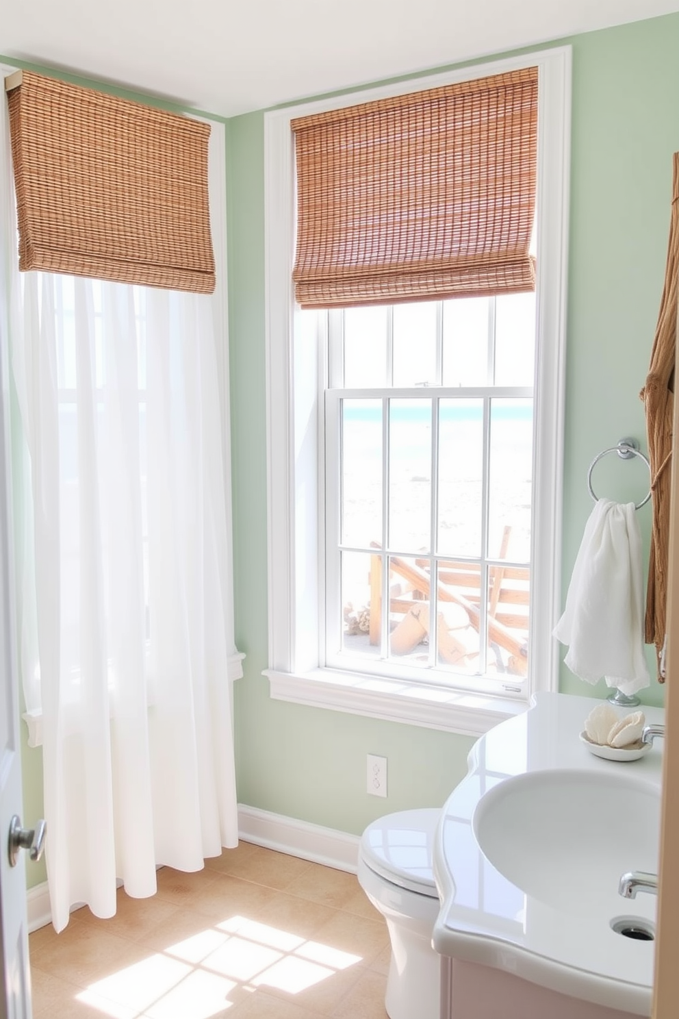 A serene beach bathroom design featuring shower niches filled with smooth beach stones. The walls are adorned with soft blue tiles, creating a calming oceanic atmosphere. Natural light streams in through a frosted window, illuminating the space and highlighting the textures of the stones. A wooden bench sits beside the shower, providing a perfect spot to relax after a long day.