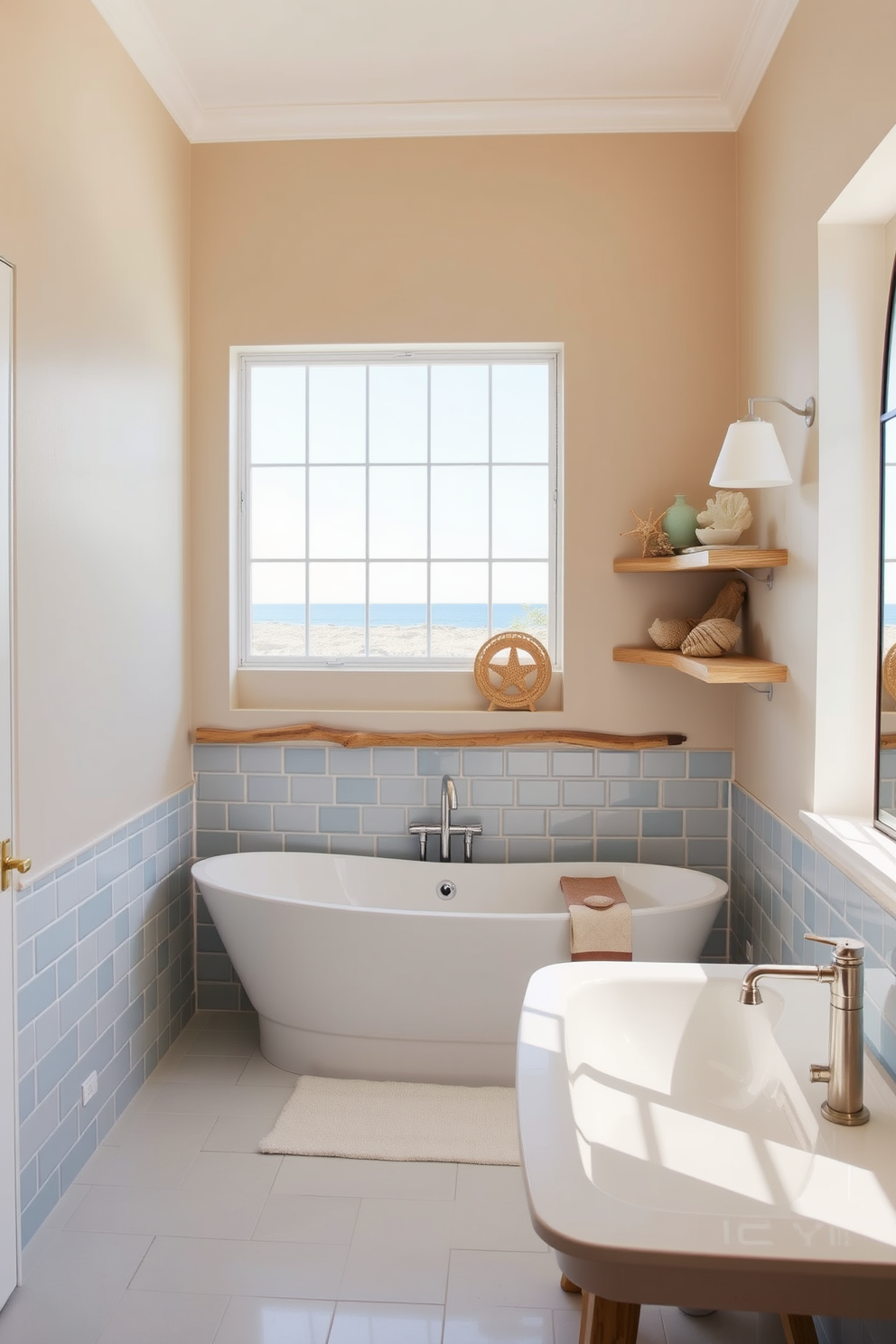 A serene beach bathroom setting featuring driftwood accents that add natural charm. The walls are painted in soft sandy beige, complemented by light blue tiles that evoke the ocean's hues. A freestanding bathtub made of smooth white stone sits beneath a large window, allowing natural light to flood the space. Nautical-themed decor, such as seashells and coral, adorn the shelves, enhancing the coastal vibe.