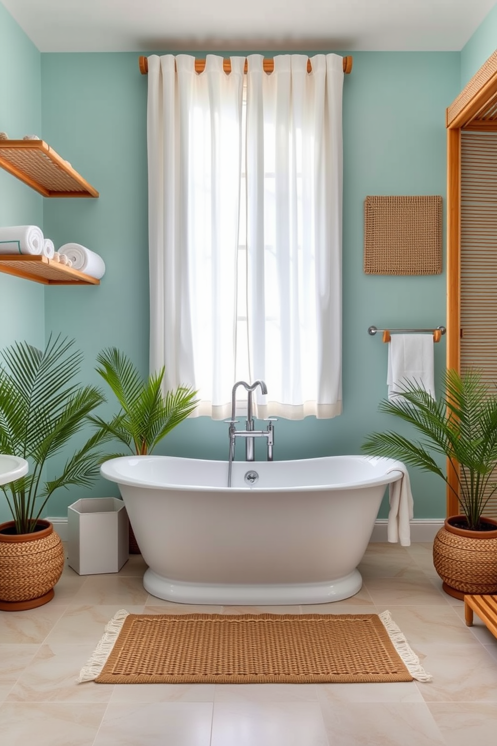 A serene beach bathroom featuring bamboo accents that evoke a tropical atmosphere. The walls are painted in soft aqua tones, and bamboo shelving holds neatly rolled towels and decorative seashells. Natural light floods the space through a large window adorned with sheer white curtains. A freestanding bathtub sits in the center, surrounded by potted palm plants and a woven rug for added texture.