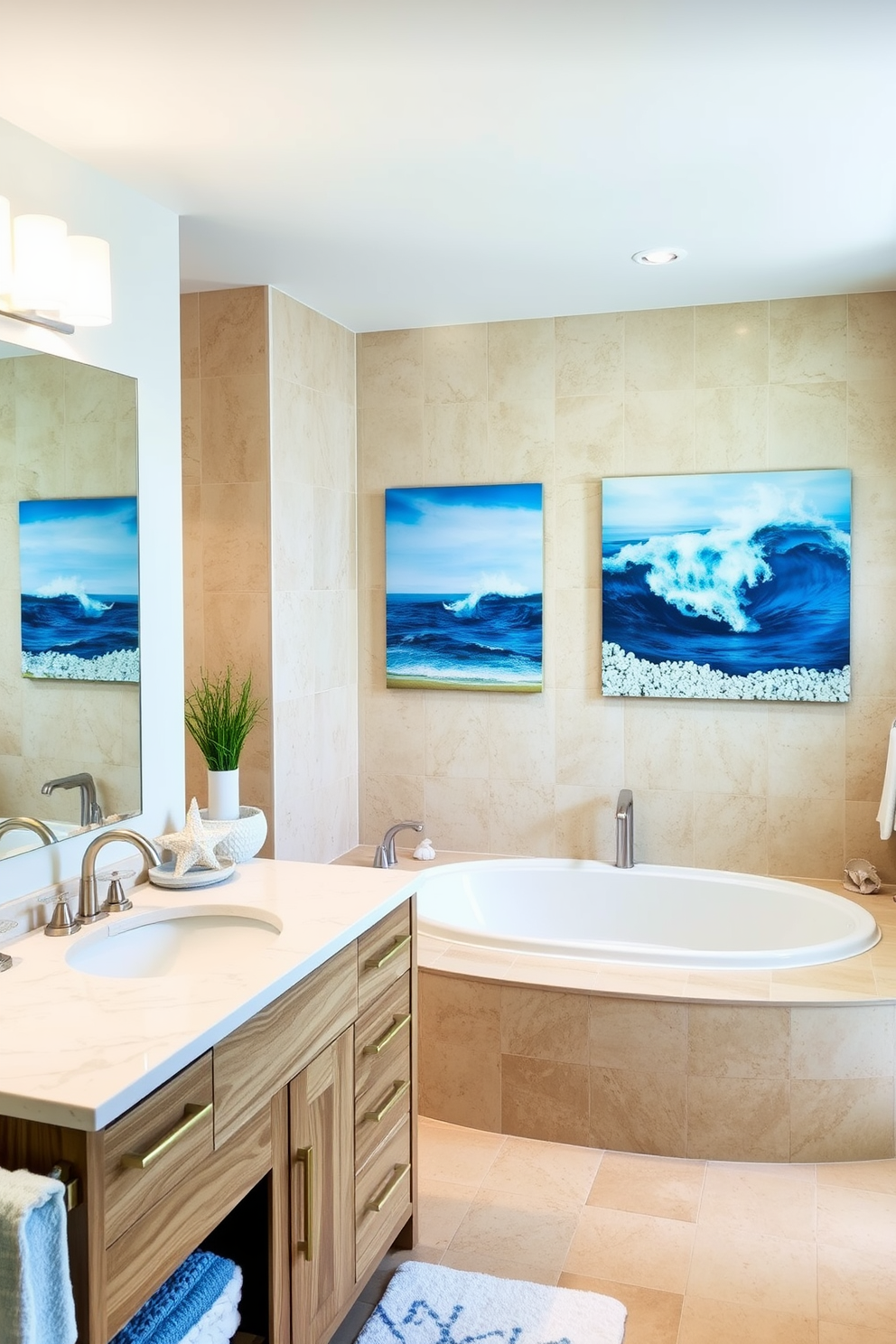 Ocean inspired artwork adorns the walls creating a serene atmosphere. The color palette features soft blues and sandy beige tones that evoke the feeling of the beach. The bathroom includes a freestanding soaking tub positioned under a large window with sheer white curtains. Natural light floods the space, highlighting the textured sea glass tiles that line the shower area.