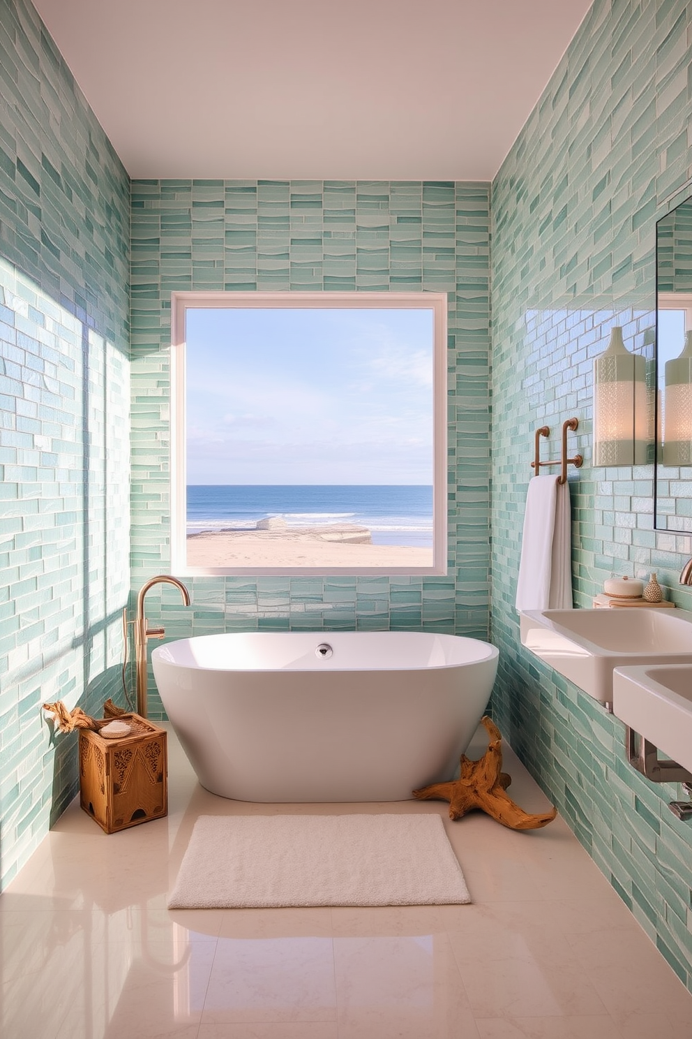 A serene beach bathroom setting featuring glass tiles that mimic the gentle waves of the ocean. The walls are adorned with these shimmering tiles, creating a tranquil atmosphere that reflects the coastal theme. In the center, a freestanding soaking tub invites relaxation, surrounded by driftwood accents and soft, sandy-colored decor. Natural light floods the space through a large window, enhancing the soothing ambiance with views of the beach outside.