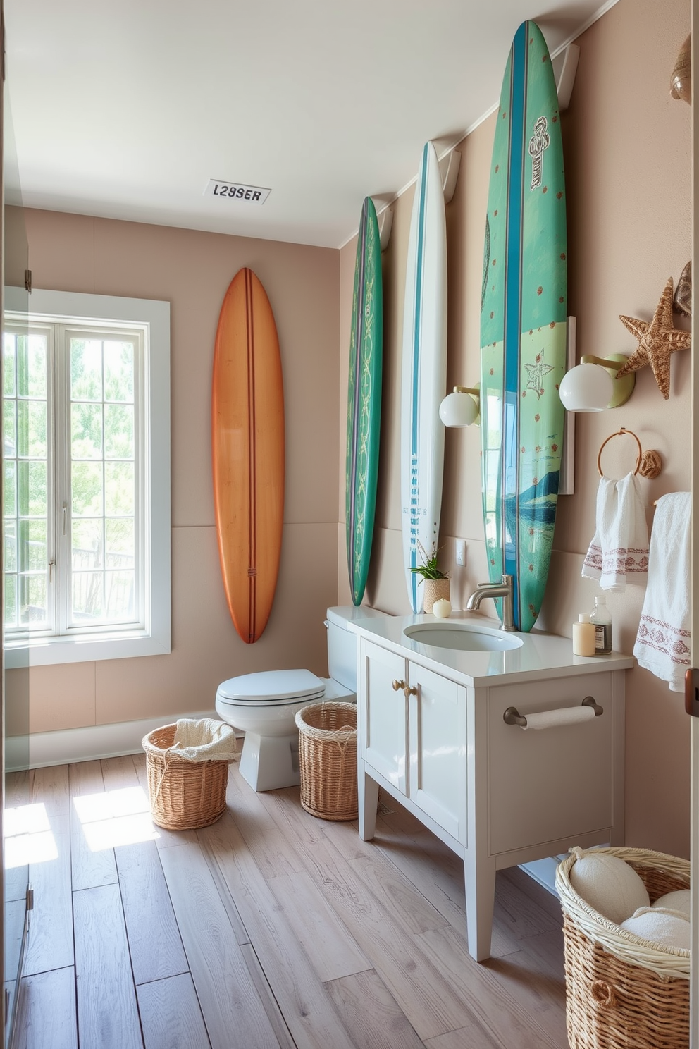 Light blue walls create a serene atmosphere in this beach-inspired bathroom. The space features a freestanding soaking tub with a view of the ocean, complemented by a driftwood-inspired vanity with a white quartz countertop. Natural light floods the room through large windows adorned with sheer white curtains. Coastal decor elements like seashell accents and a woven basket for towels enhance the tranquil beach vibe.