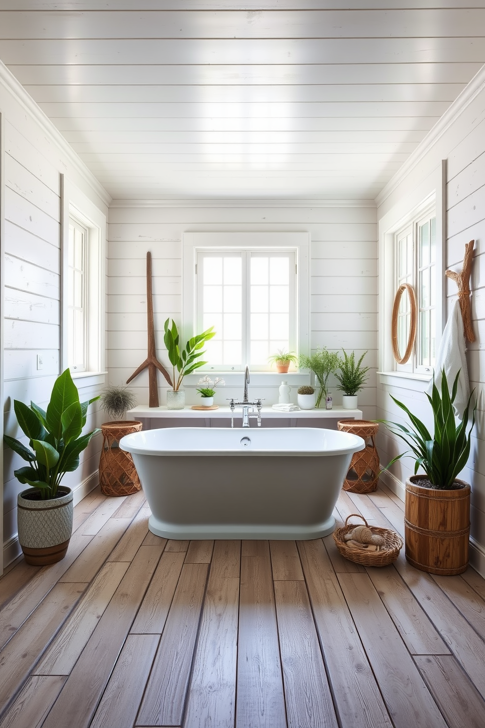 A serene beach bathroom with whitewashed wood accents. The walls are lined with shiplap, and the flooring features weathered wood planks for a cozy, rustic vibe. A freestanding soaking tub sits in the center, surrounded by potted plants and natural light streaming through large windows. Nautical-themed decor, such as seashells and driftwood, adds charm to the space.