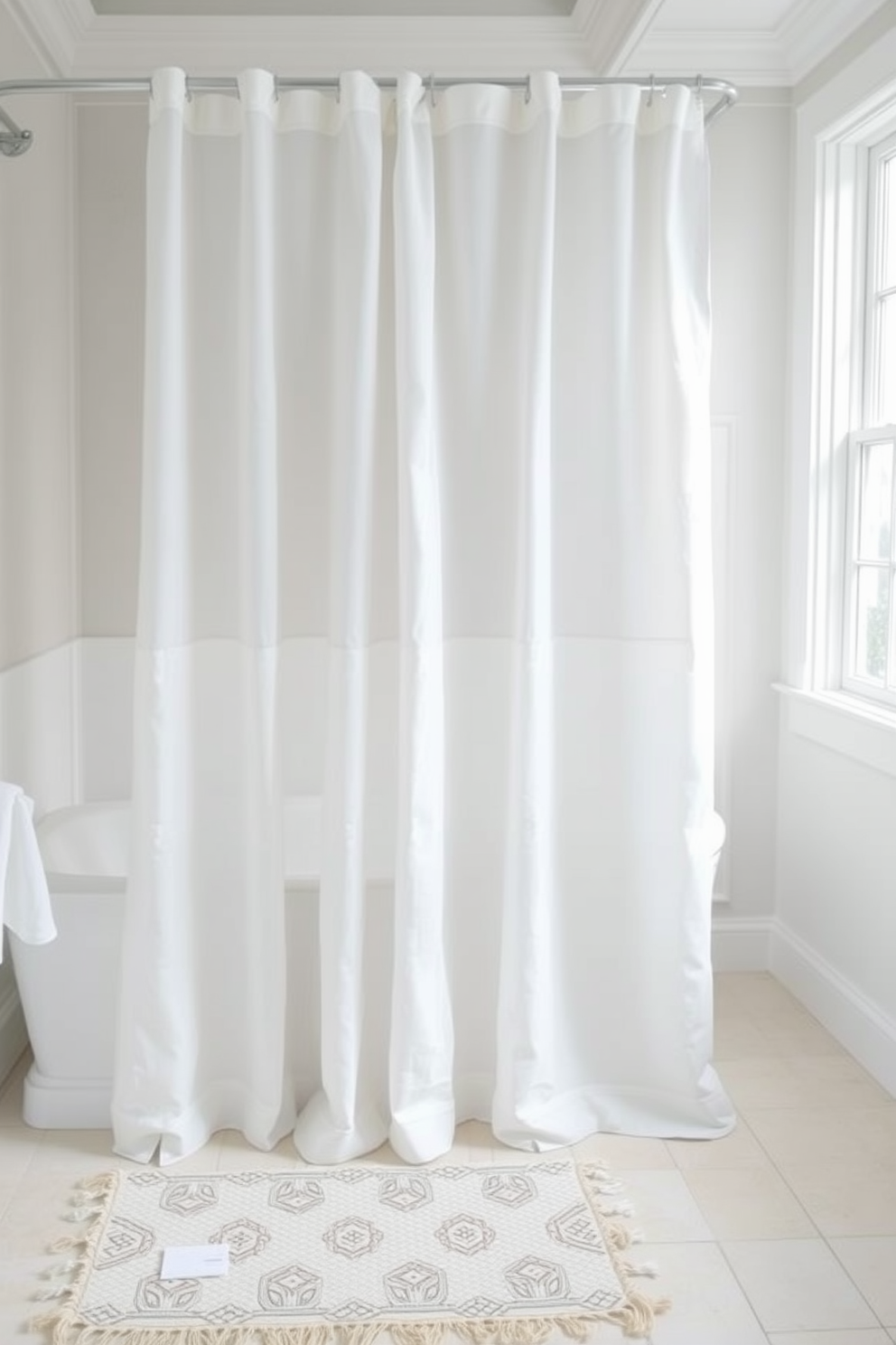 A light and airy beach bathroom design features flowing linen shower curtains that gently sway with the breeze. The color palette includes soft blues and sandy neutrals, creating a serene coastal atmosphere.