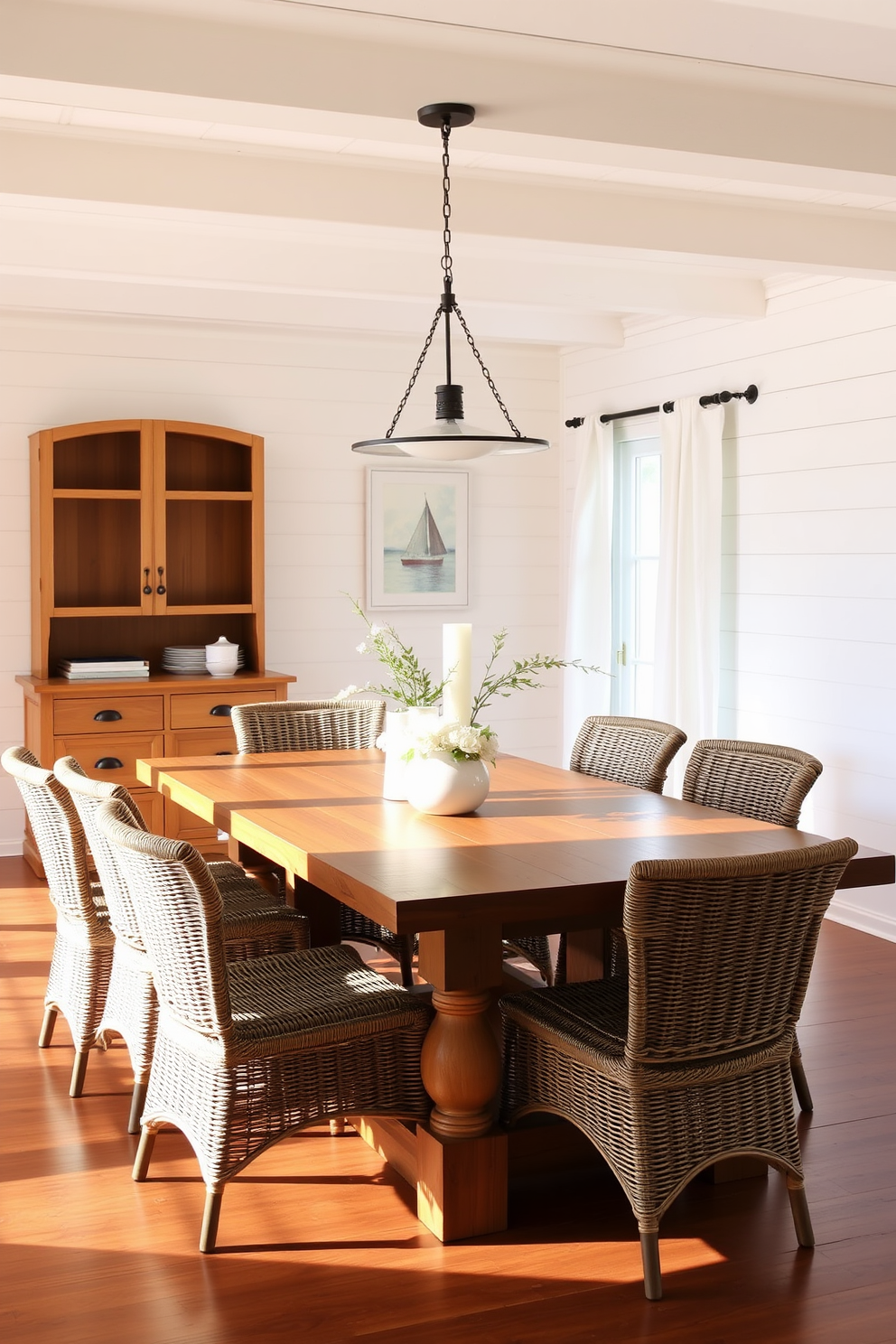 A light wood dining table is the centerpiece of the room, surrounded by sleek white chairs that offer a modern touch. Large windows allow natural light to flood the space, creating an airy atmosphere that complements the beach-inspired decor.