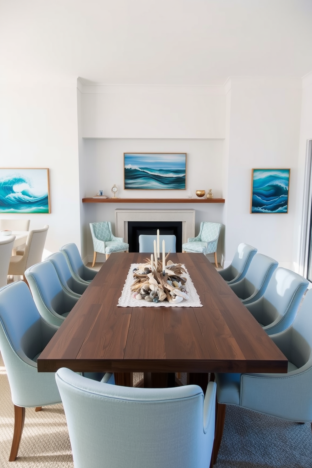 Ocean inspired artwork adorns the walls creating a serene atmosphere. The dining room features a large wooden table surrounded by comfortable chairs with light blue upholstery. Natural light floods the space through large windows, enhancing the coastal vibe. A centerpiece of seashells and driftwood adds a unique touch to the table setting.