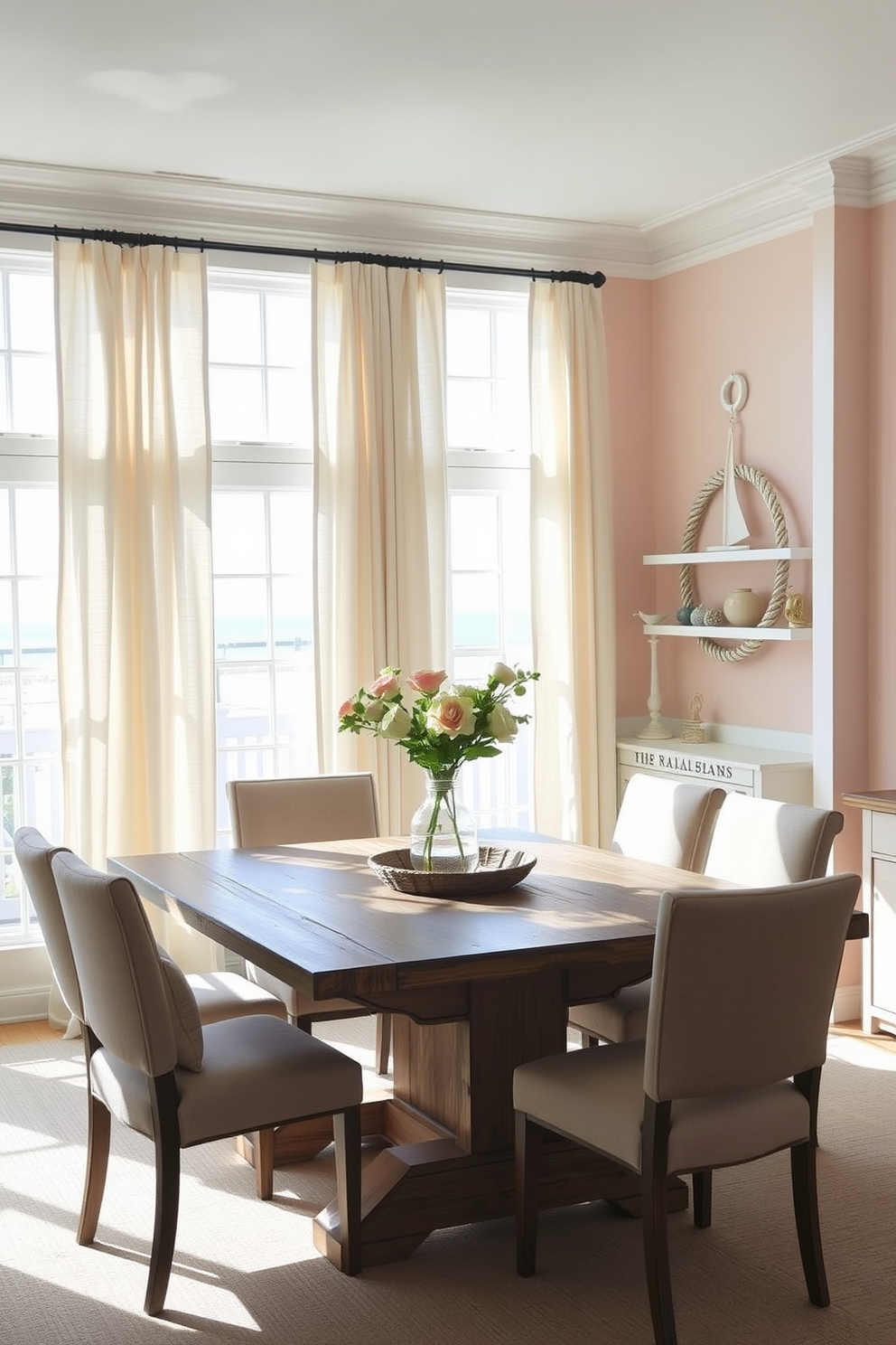 Light linen curtains gently frame the large windows, allowing natural light to flood the space and create an airy atmosphere. The dining table is a weathered wood piece surrounded by comfortable upholstered chairs, evoking a relaxed beachside vibe. Soft pastel colors adorn the walls, complemented by nautical-themed decor that enhances the coastal aesthetic. A centerpiece of fresh flowers in a simple vase adds a touch of elegance to the casual dining setting.