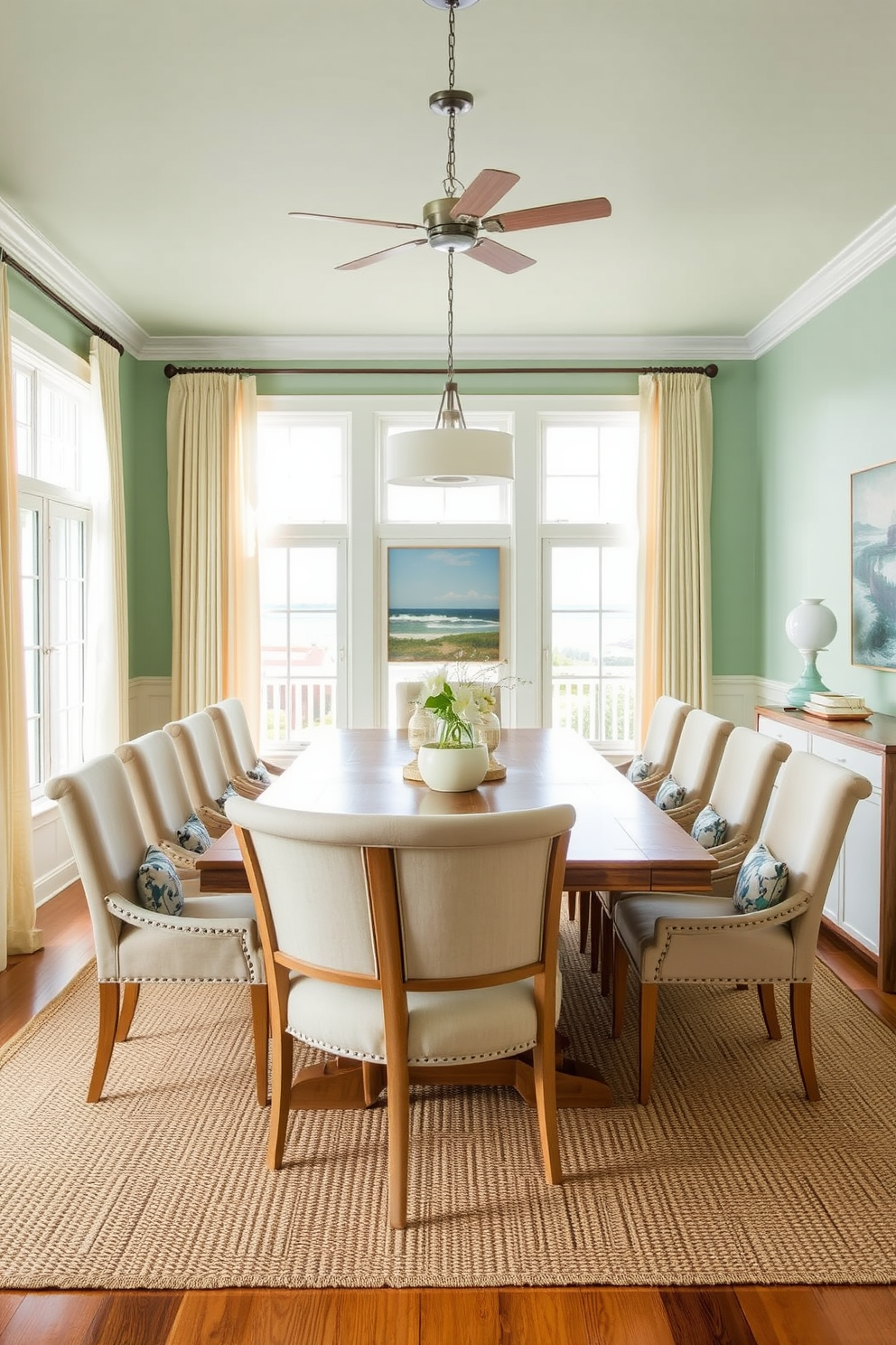 A glass top dining table rests elegantly on beach-inspired legs crafted from driftwood. Surrounding the table are rattan chairs with soft cushions, creating a relaxed coastal ambiance.