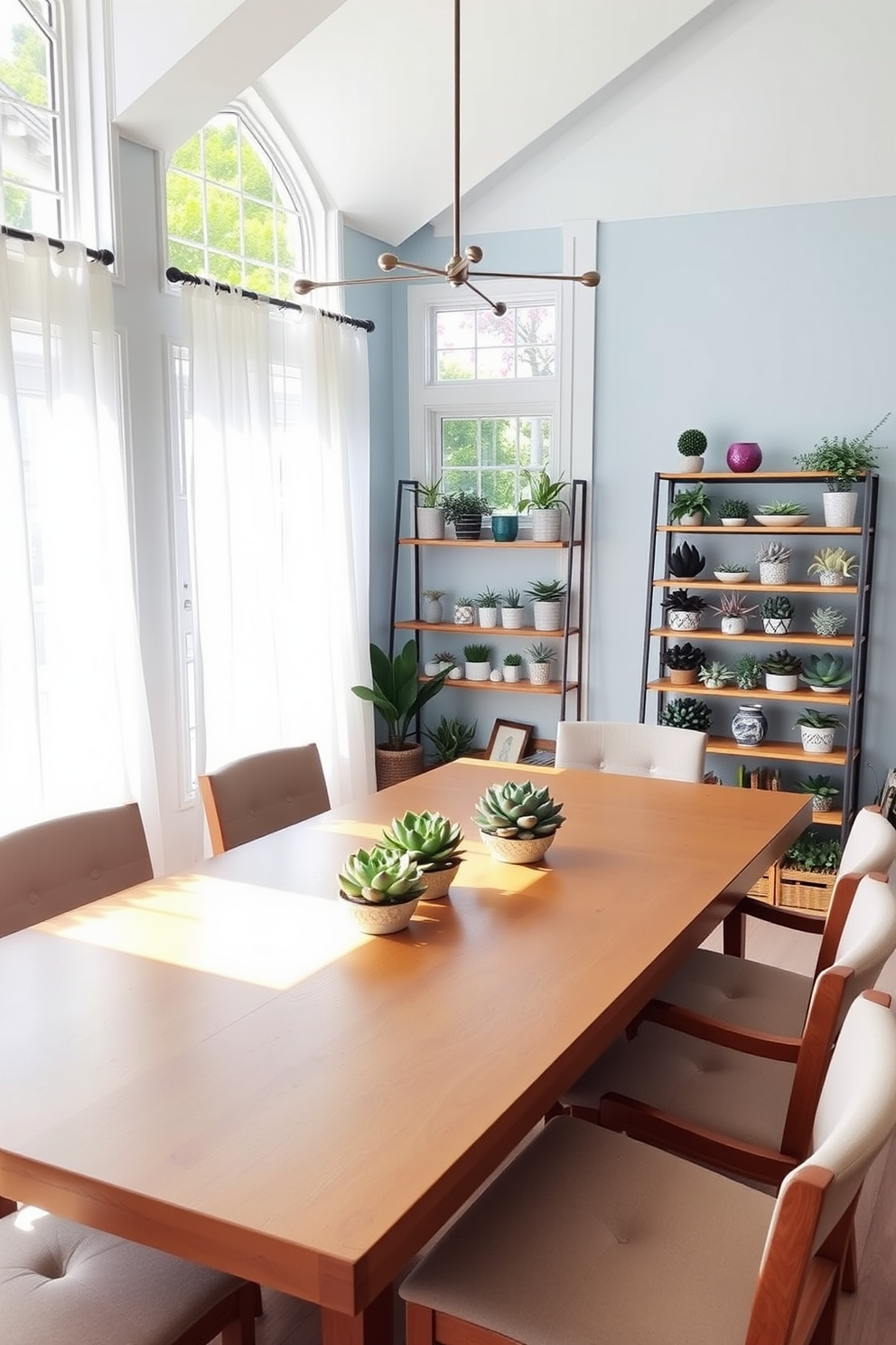 A bright and airy dining room features a large wooden table surrounded by comfortable chairs. Natural light floods the space through large windows adorned with sheer white curtains, enhancing the fresh feel of succulent plants placed on the table. In one corner, a stylish shelving unit showcases an array of vibrant succulents in decorative pots. The walls are painted in a soft coastal blue, complementing the beach-inspired decor elements scattered throughout the room.