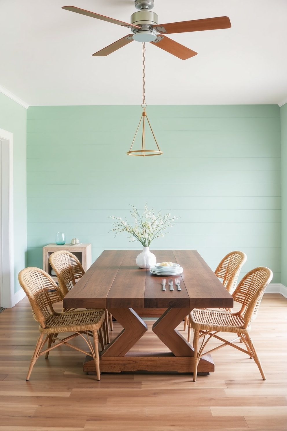 A beach-inspired dining room features a seafoam green accent wall that brings a refreshing coastal vibe. The dining table is made of reclaimed wood, surrounded by rattan chairs that add a natural touch to the space.