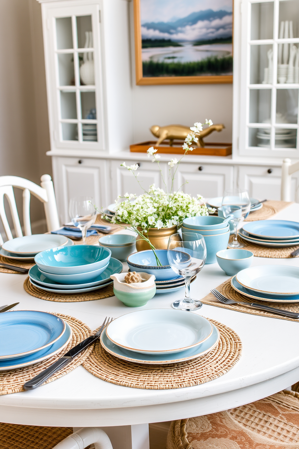 A serene beach dining room setting featuring ceramic dishes in soothing ocean colors. The table is set with an array of blue and green plates, complemented by matching glassware and natural fiber placemats.