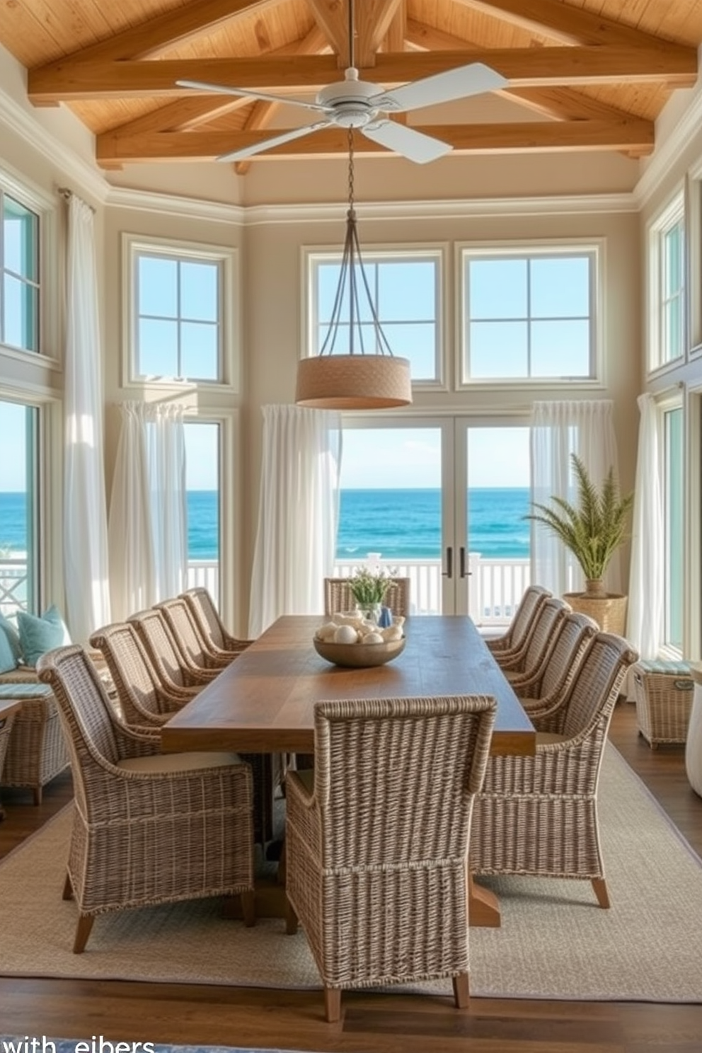 A breezy dining room with soft blue curtains that gently sway in the ocean breeze. The room features a large wooden dining table surrounded by white wicker chairs, creating a relaxed coastal vibe. Natural light floods the space through the curtains, illuminating the light-colored walls and enhancing the airy atmosphere. A centerpiece of fresh seashells and a bowl of tropical fruits adorns the table, adding a touch of beach-inspired decor.