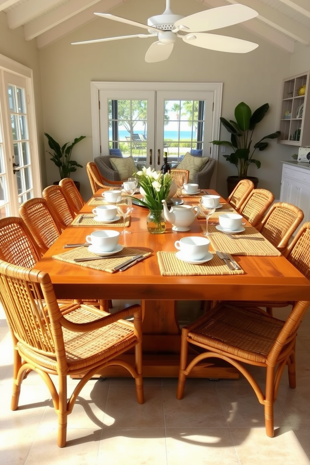 A beach-inspired dining room featuring bamboo placemats that add a tropical flair to the table setting. The room is filled with natural light, showcasing a large wooden dining table surrounded by comfortable rattan chairs.