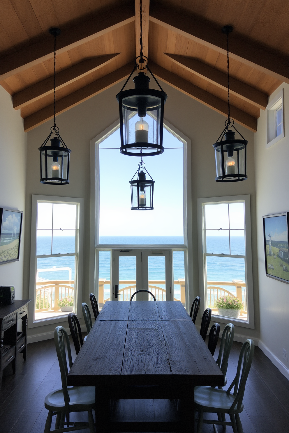 Rustic lanterns hang from the ceiling, casting a warm glow over the dining area. The table is made of reclaimed wood, surrounded by mismatched chairs that add character and charm. The walls are adorned with coastal-themed art, evoking a relaxed beach vibe. Large windows allow natural light to flood in, offering a stunning view of the ocean beyond.