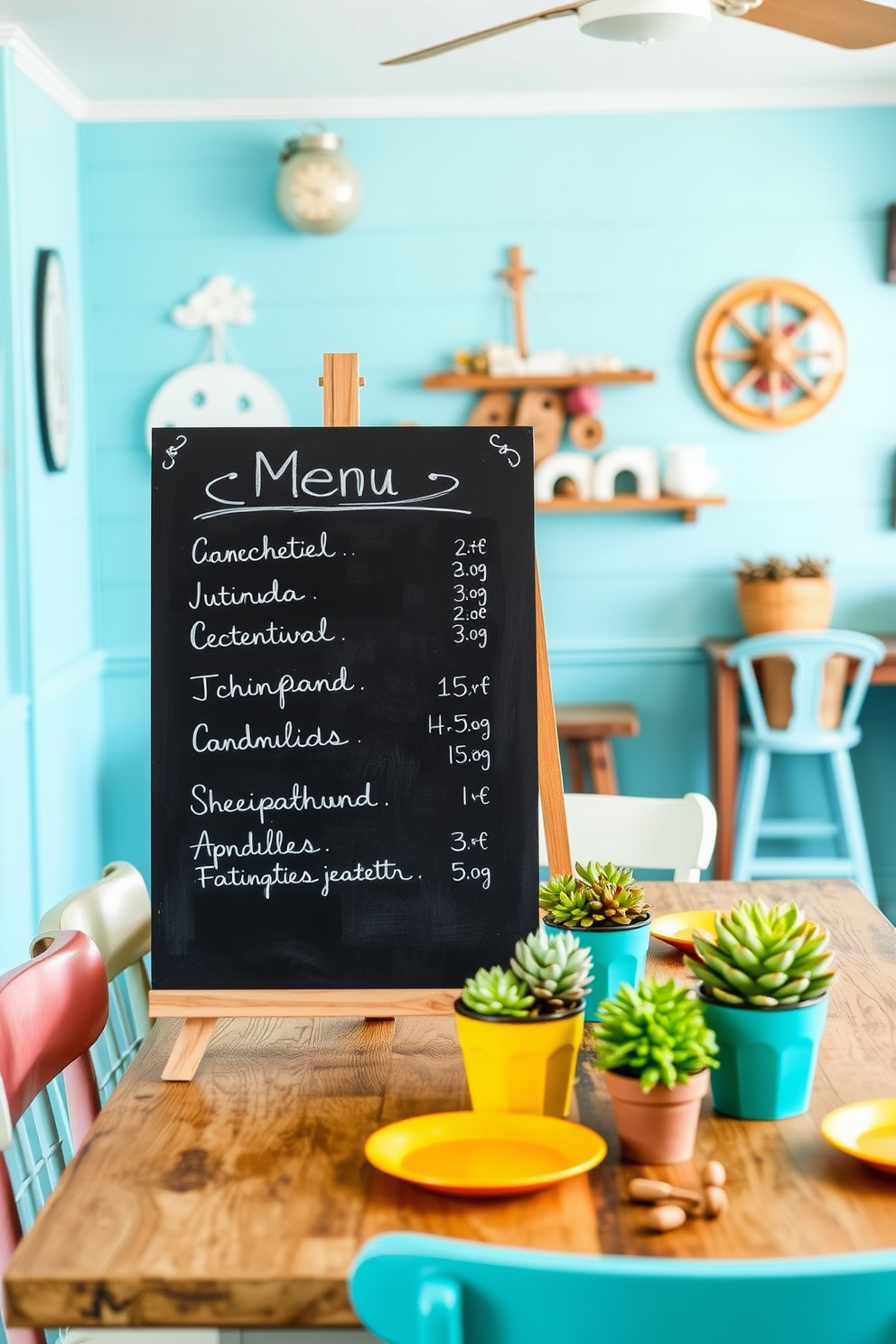 Chalkboard menu displayed on a wooden easel adds a playful element to the dining space. The background features a coastal theme with light blue walls and nautical decor. The dining table is made of reclaimed wood and surrounded by mismatched chairs for a casual vibe. Brightly colored tableware complements the cheerful atmosphere, while potted succulents serve as centerpieces.