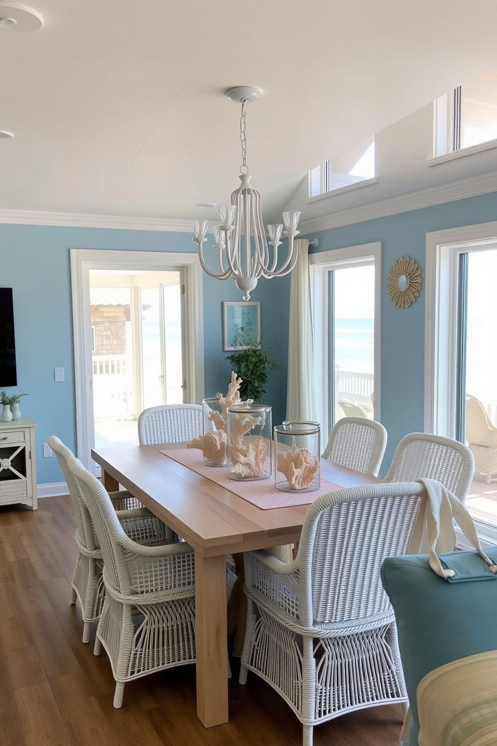 A beach-inspired table setting features a light wooden table adorned with a soft blue tablecloth. Delicate seashells and starfish are scattered across the table, complemented by white dinnerware and woven placemats. The dining room design incorporates large windows that allow natural light to flood the space. Light, airy curtains frame the windows, and the walls are painted in a sandy beige to enhance the coastal theme.