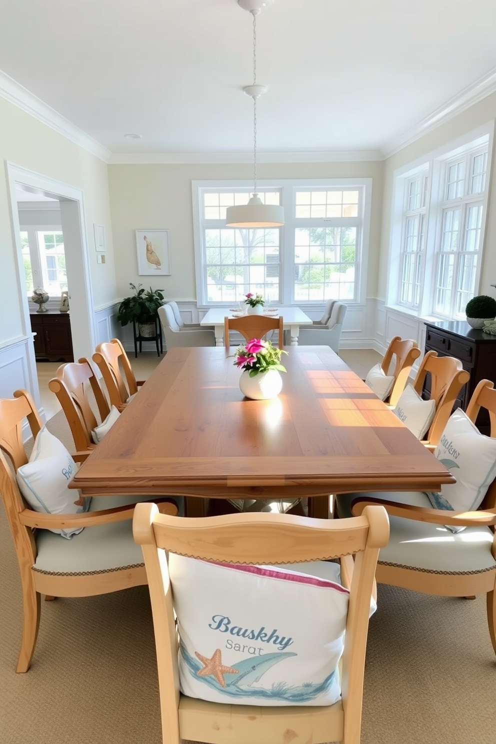 A vibrant beach dining room featuring colorful placemats that reflect ocean hues. The table is set with a light wooden finish and surrounded by comfortable white chairs, creating a fresh coastal vibe.