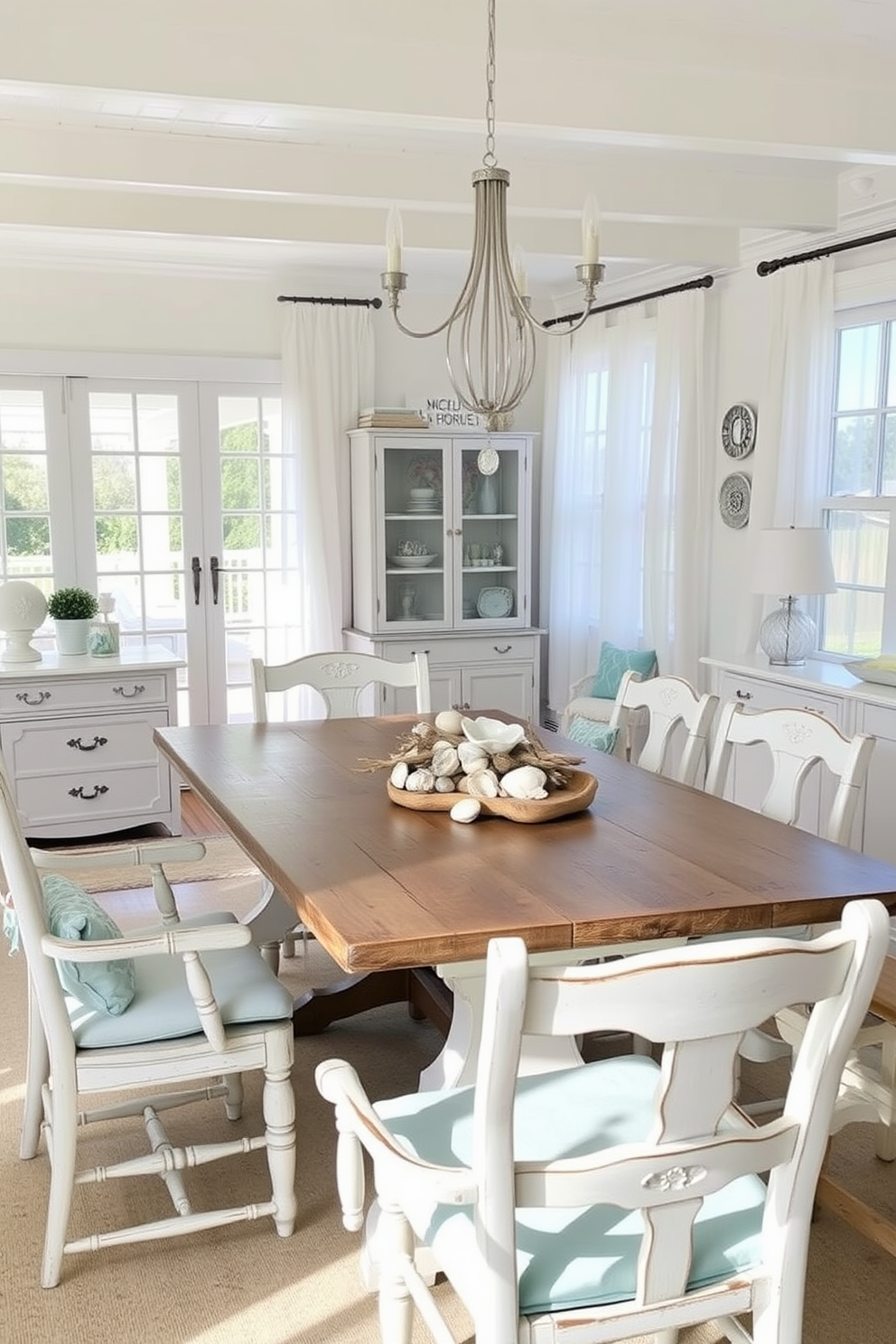 A beach dining room features natural fiber baskets as stylish storage solutions. The room is bright and airy with large windows allowing natural light to flood in, complemented by a coastal color palette of soft blues and sandy neutrals.