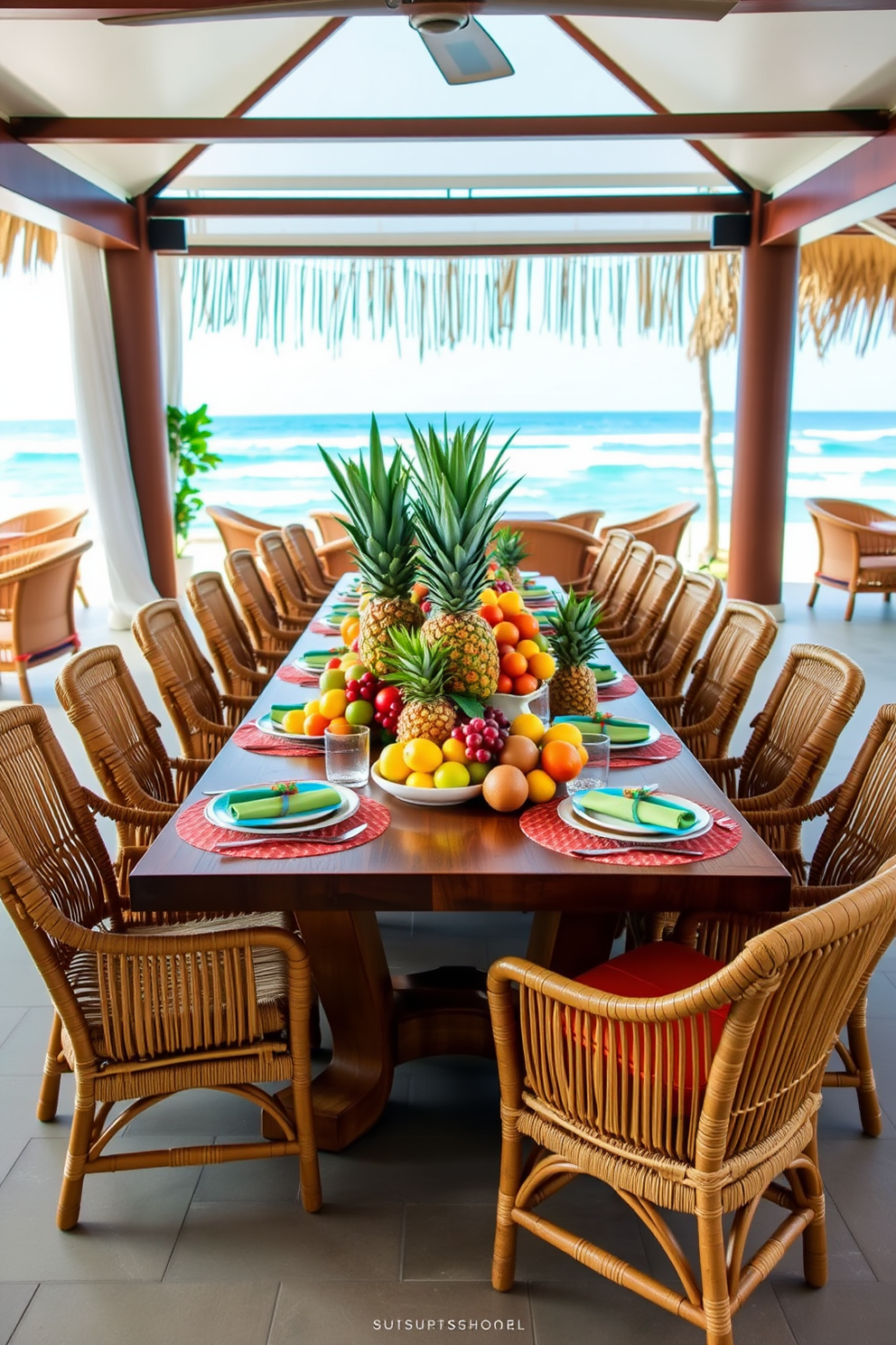 A serene beach dining room featuring a large wooden table with shell-shaped dishes elegantly arranged for serving food. Soft, natural light filters through sheer curtains, illuminating the space adorned with coastal decor and a soothing color palette of blues and whites.