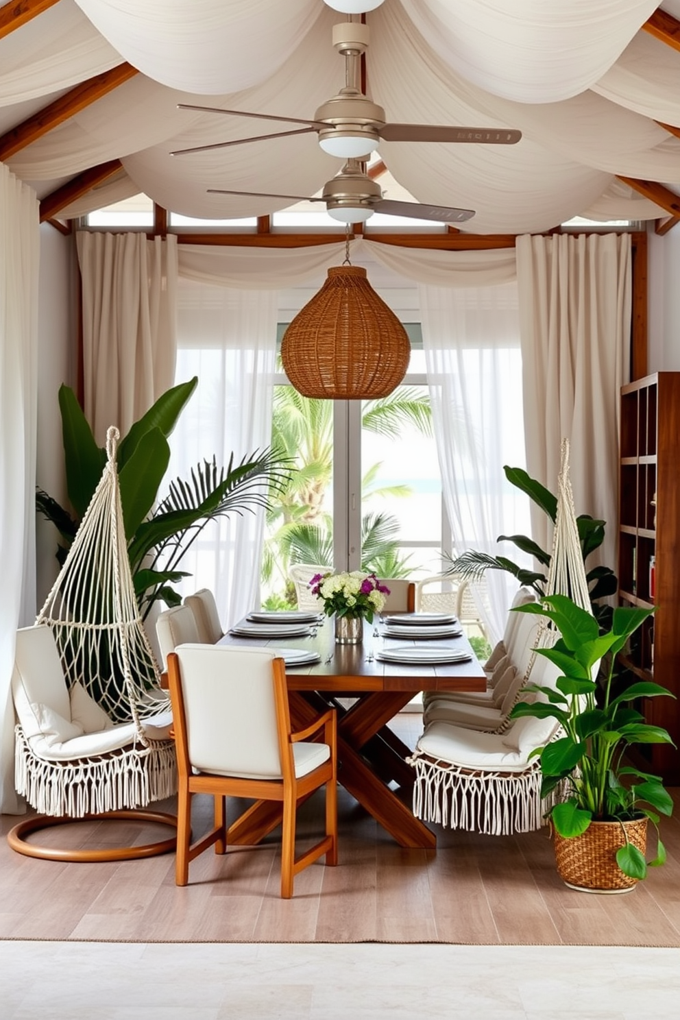 A cozy beach dining room features hammock chairs that provide relaxed seating options. The space is adorned with light, airy fabrics and a large wooden dining table surrounded by tropical plants.