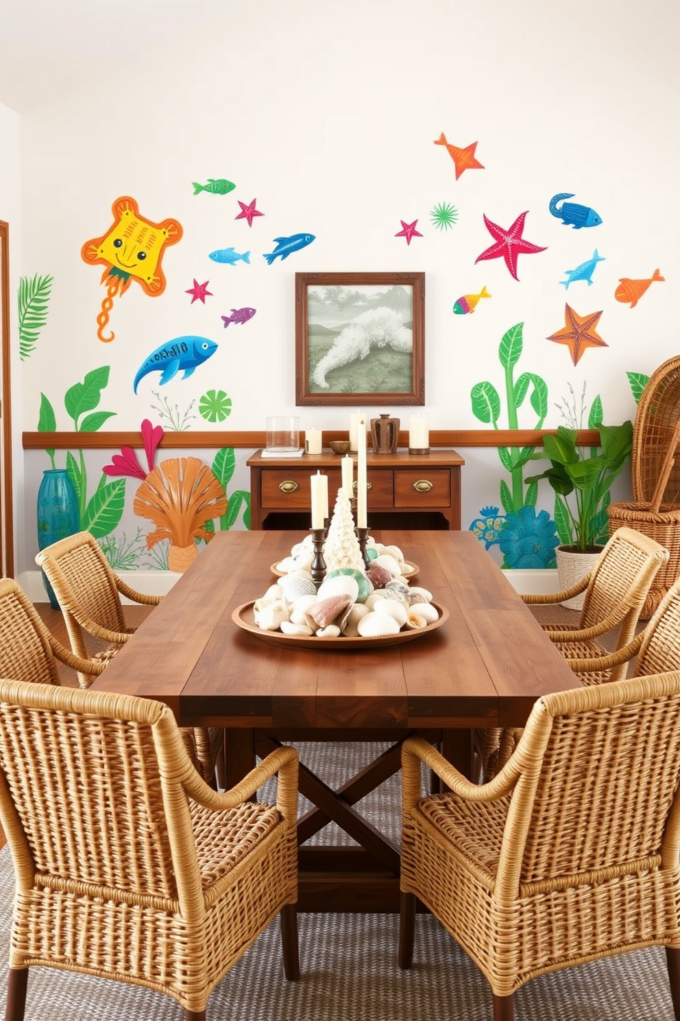 Beach themed wall decals for playful design. Vibrant ocean creatures and tropical plants adorn the walls, creating a lively atmosphere. Beach dining room design ideas. A large wooden table is surrounded by rattan chairs, with a centerpiece of seashells and candles for a relaxed coastal vibe.