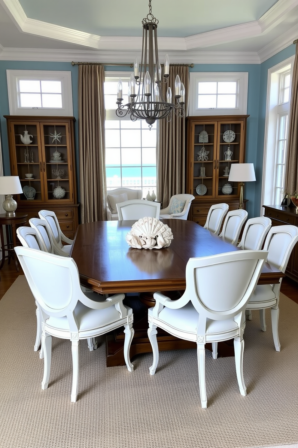 A stunning dining room featuring a large wooden table surrounded by elegant white chairs. At the center of the table, a beautiful seashell centerpiece adds a touch of beachy elegance. The walls are painted in a soft ocean blue, complementing the coastal theme. Large windows allow natural light to flood the space, creating an inviting atmosphere.