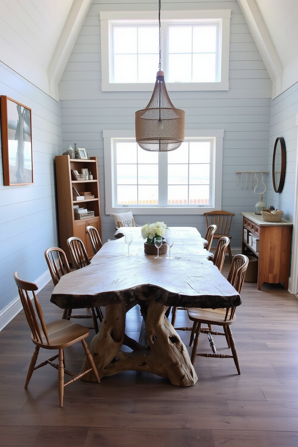 A driftwood dining table serves as the centerpiece of a rustic beach dining room. Surrounding the table are mismatched wooden chairs that enhance the casual, coastal vibe of the space. The walls are adorned with soft blue shiplap, evoking a serene ocean atmosphere. Natural light floods in through large windows, showcasing views of the nearby beach and bringing the outdoors in.