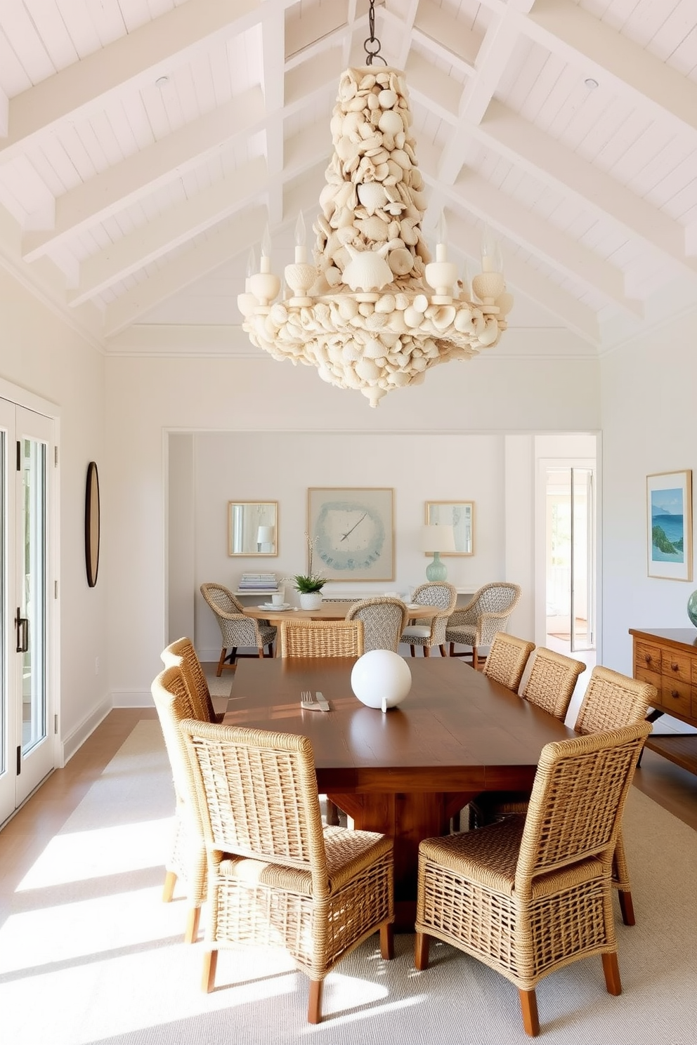 A beach dining room filled with natural light. The walls are painted in soft pastel colors, creating a serene atmosphere. A large wooden dining table is surrounded by woven chairs. Above the table, a statement chandelier made of seashells adds a coastal touch.